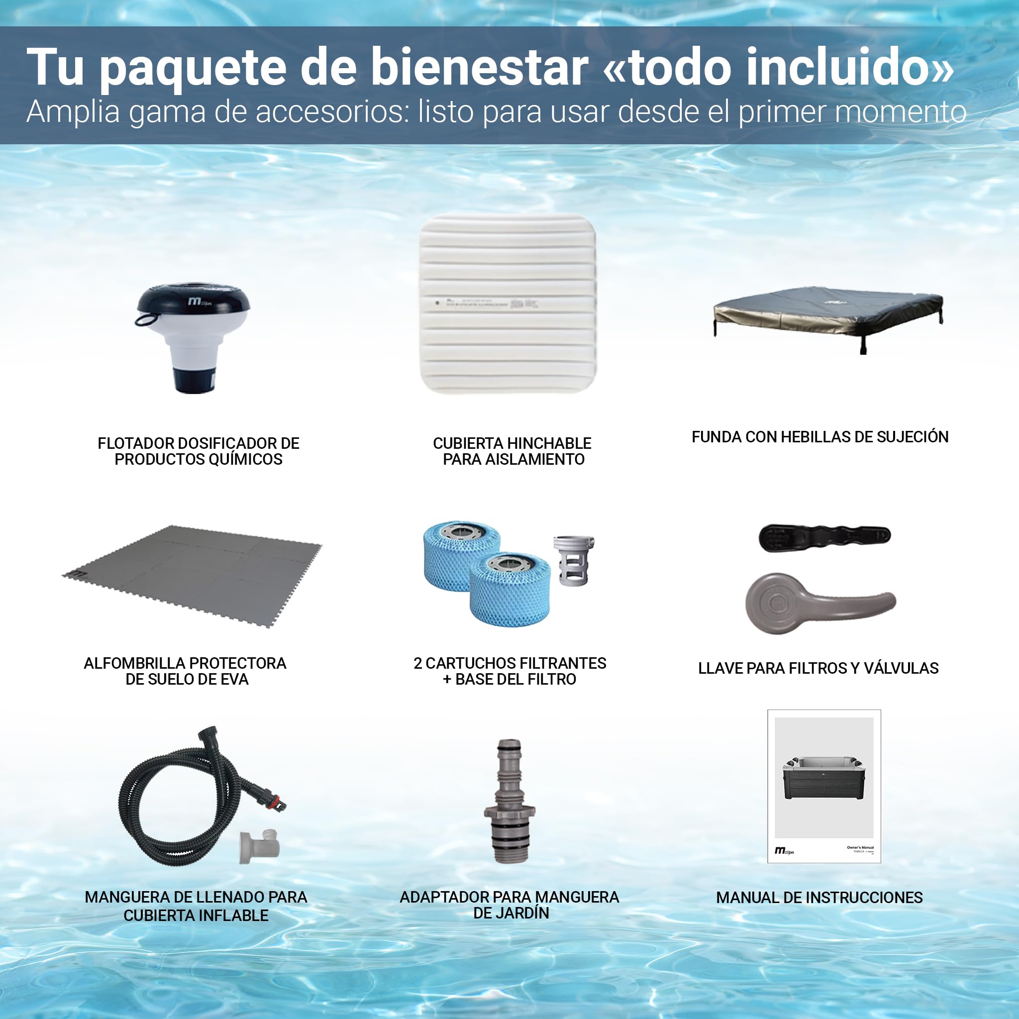 Miweba Whirlpool MSpa Tribeca con Pared Exterior Rígida | Control por App | SPA para 6 Personas | 160x160x65 cm | 120 Chorros de Masaje | Uso Todo el Año Resistente al Invierno
