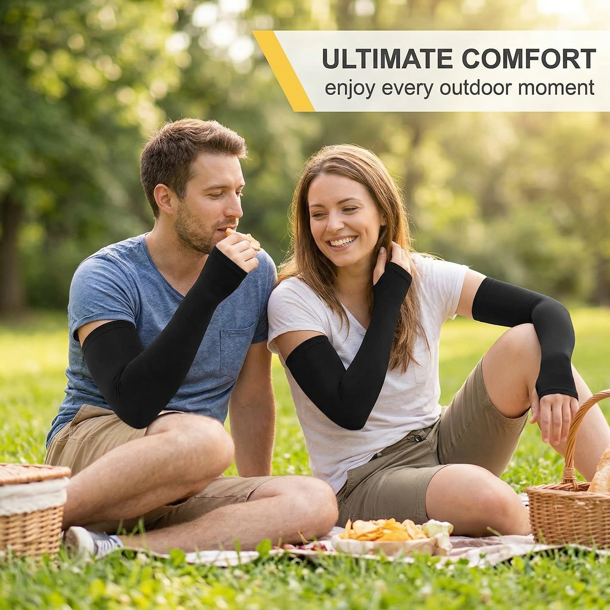 Manchons de Bras Anti UV UPF50+ 2 Paires Noir avec Trou Pouce, Rafraîchissants & Respirants pour Sport, Running, Conduite, Vélo, Activités Outdoor Homme Femme