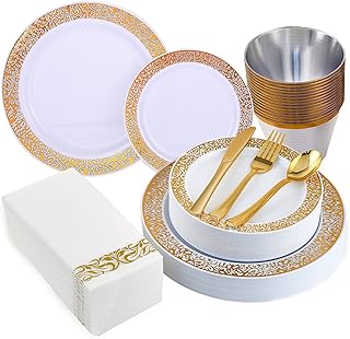 210 Pieces Gold Plastic Dinnerware, Gold Disposable Plates, Includes: 30 Dinner Plates 30 Dessert Plates & 30 Cups &30 Lin...