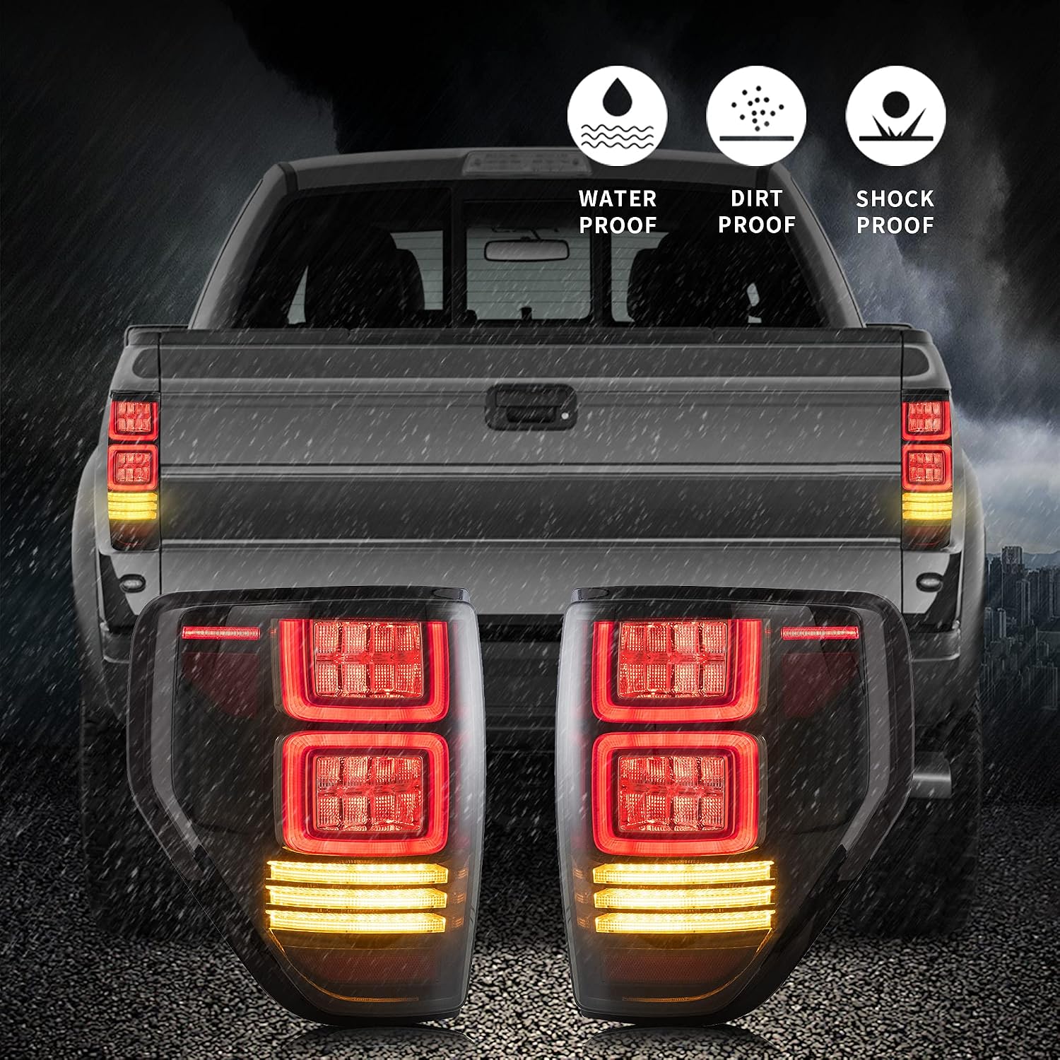 VLAND LED Smoked Tail Lights Compatible For [Ford F150 2009-2014] W/Amber Sequential Turn Singal/Running Lights/Brake lights/Side marker light and white reverse lights, Set (Not Fit Flareside)