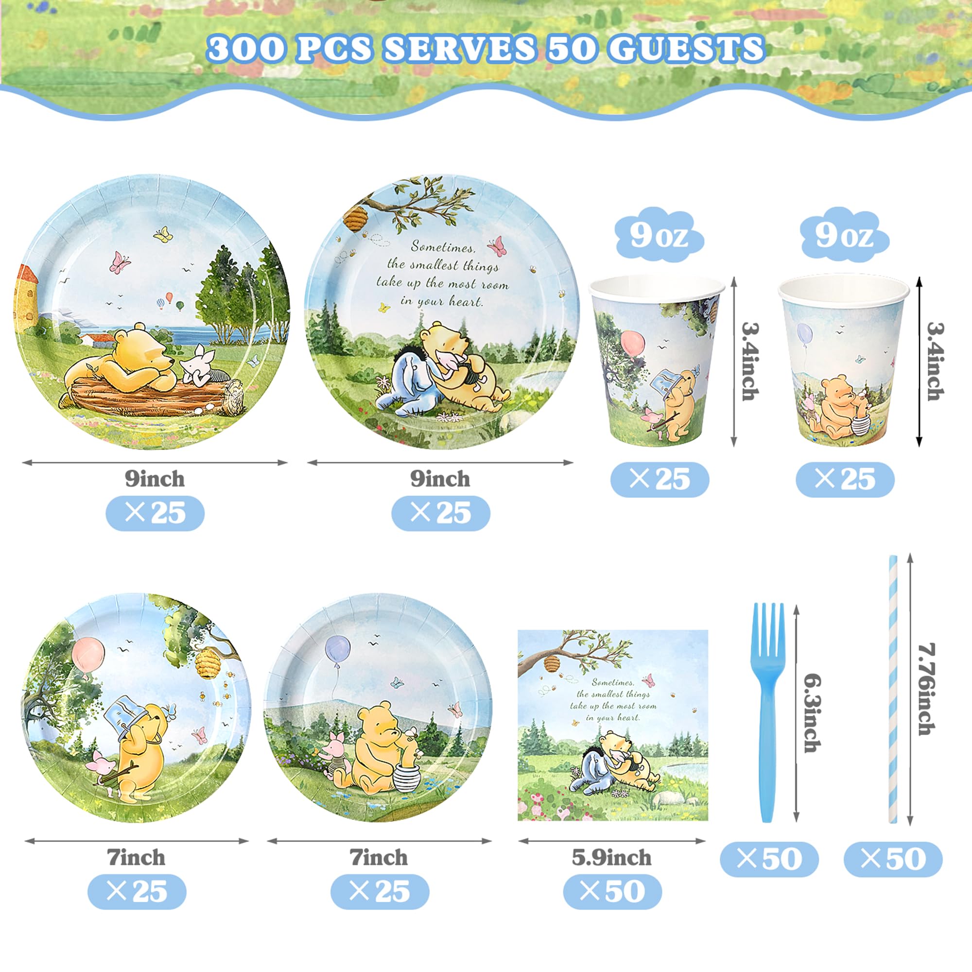 300 Pcs Winnie Bear Baby Shower Plates and Napkins Tableware Set, Plates Napkins Cups Straws and Forks Sets, Winnie Baby Shower Decorations Birthday Party Supplies, Serves 50 Guests