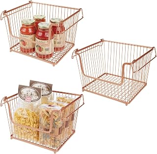 mDesign boite en métal avec poignées (lot de 3) – joli panier de rangement en fil de fer – panier métallique pour placard de cuisine, garde-manger et salle de bain – couleur cuivre