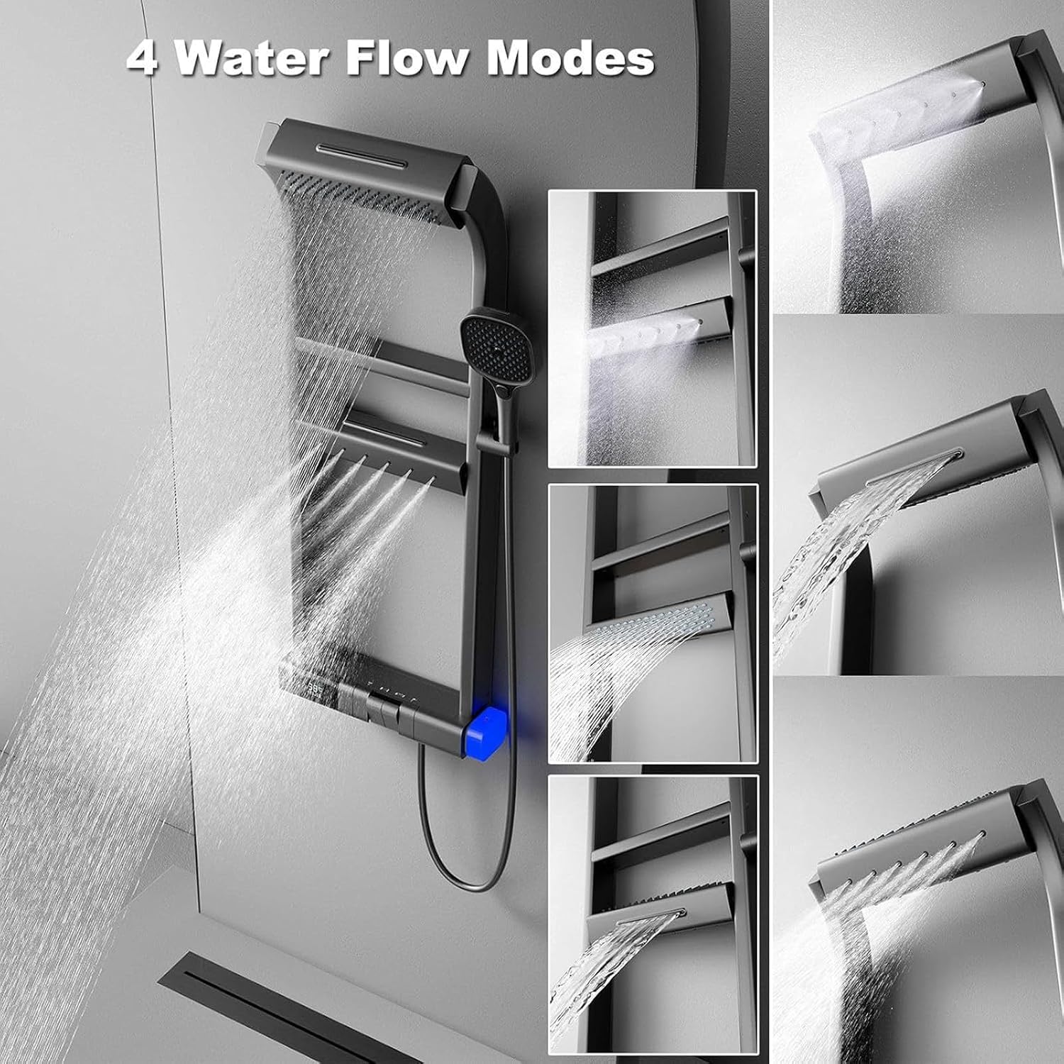 Sistemas a Colonna Doccia LED con mensola, soffione Effetto Pioggia, getti idromassaggio e Miscelatore termostatico – Elementi Bagno in Alluminio aerospaziale