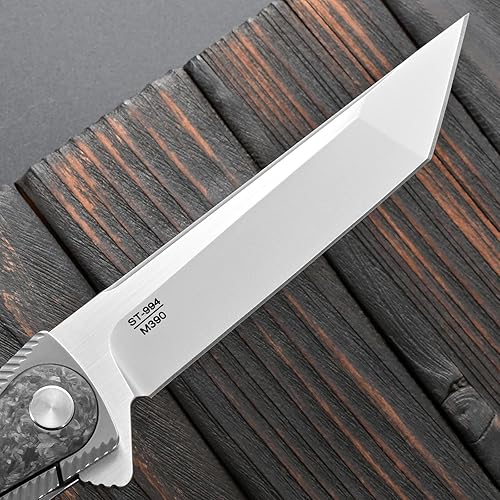 Miniatura 4 de Sitivien ST994 Cuchillo plegable, hecho a mano, hoja de acero cepillado M390 con mango de fibra de carbono de titanio, cuchillo de herramienta EDC