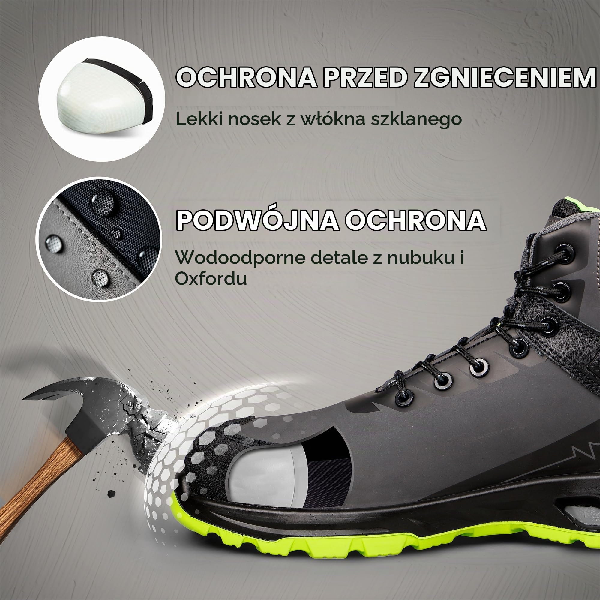 Stenso Ruler S3S SR buty robocze, męskie, ochronne, męskie, damskie, wodoodporne, oddychające, hi-poli, nasadka z włókna szklanego, płyta kevlarowa, podeszwa PU/PU, zielony, 43 EU