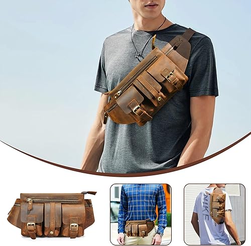 Miniatura 3 de Grueso caballo loco cuero senderismo equitación viaje al aire libre cinturón riñonera riñonera pequeña bolsa de teléfono para hombres mujeres 380,