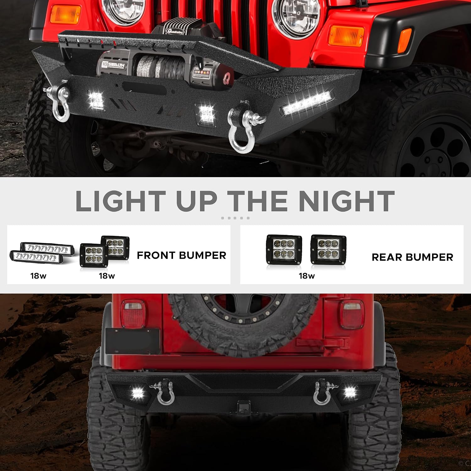 Off Road Front Rear Bumper Fit for Jeep Gladiator JT 2020 2021 2022 2023 2024 2025 Heavy Duty Steel Bumper Set W/ 6 Lights, 4 D-Rings, Winch Plate Full Width Bumper 2 Packages