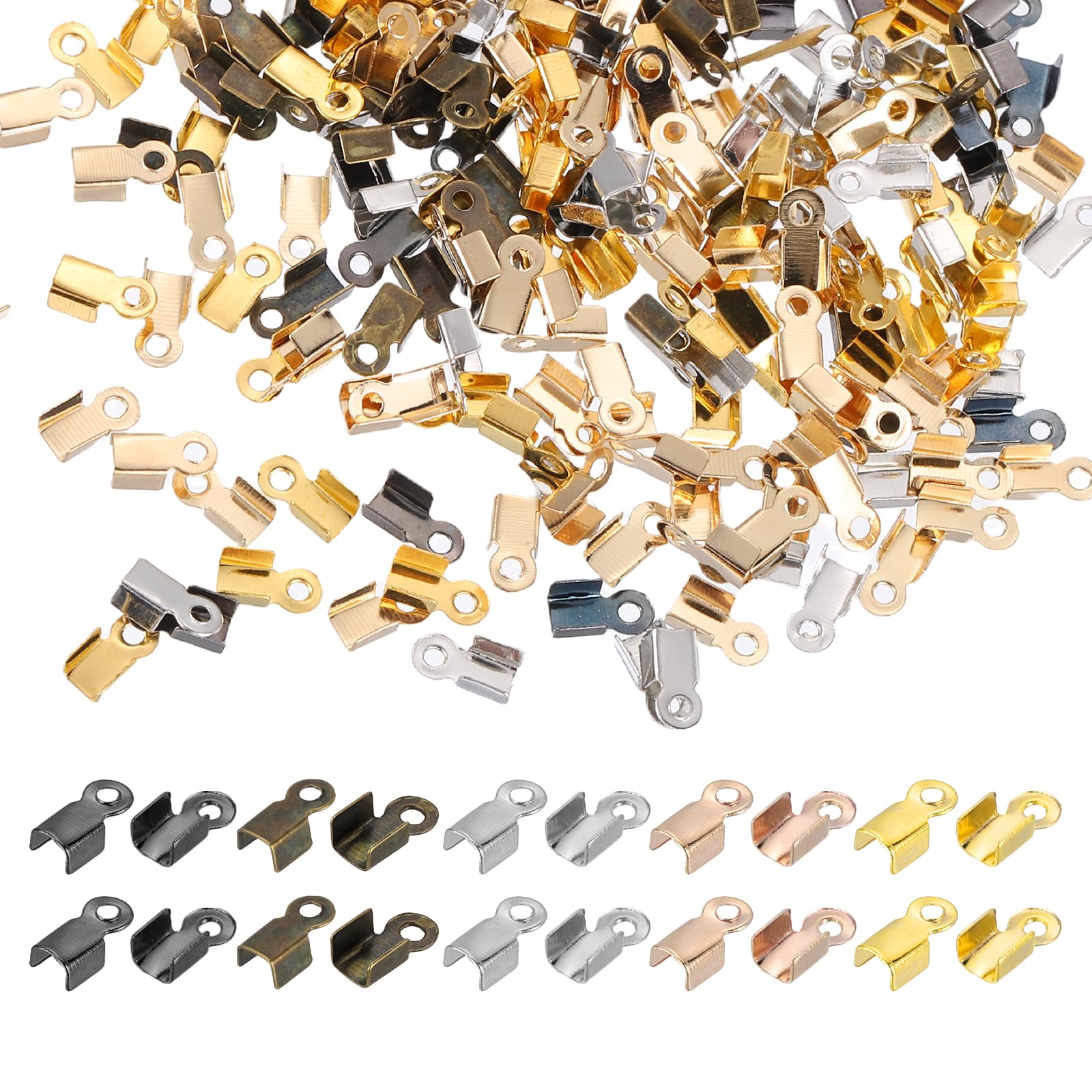 sourcing map Fold Over Cord End Crimps, 0.24 x 0.12 Inch Metal Ribbon Crimp End Caps Clasp Tips for DIY Leather Bracelet Jewelry Craft Connectors, 5 Color, Pack of 1000