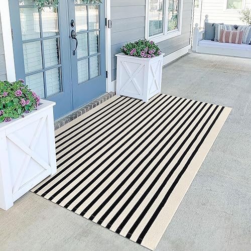Vista 163 de KILOCOCO Alfombra de rayas beige de 2.3 x 3.6 pies para interiores y exteriores, alfombra tejida a mano de algodón lavable a rayas para puerta Rayas