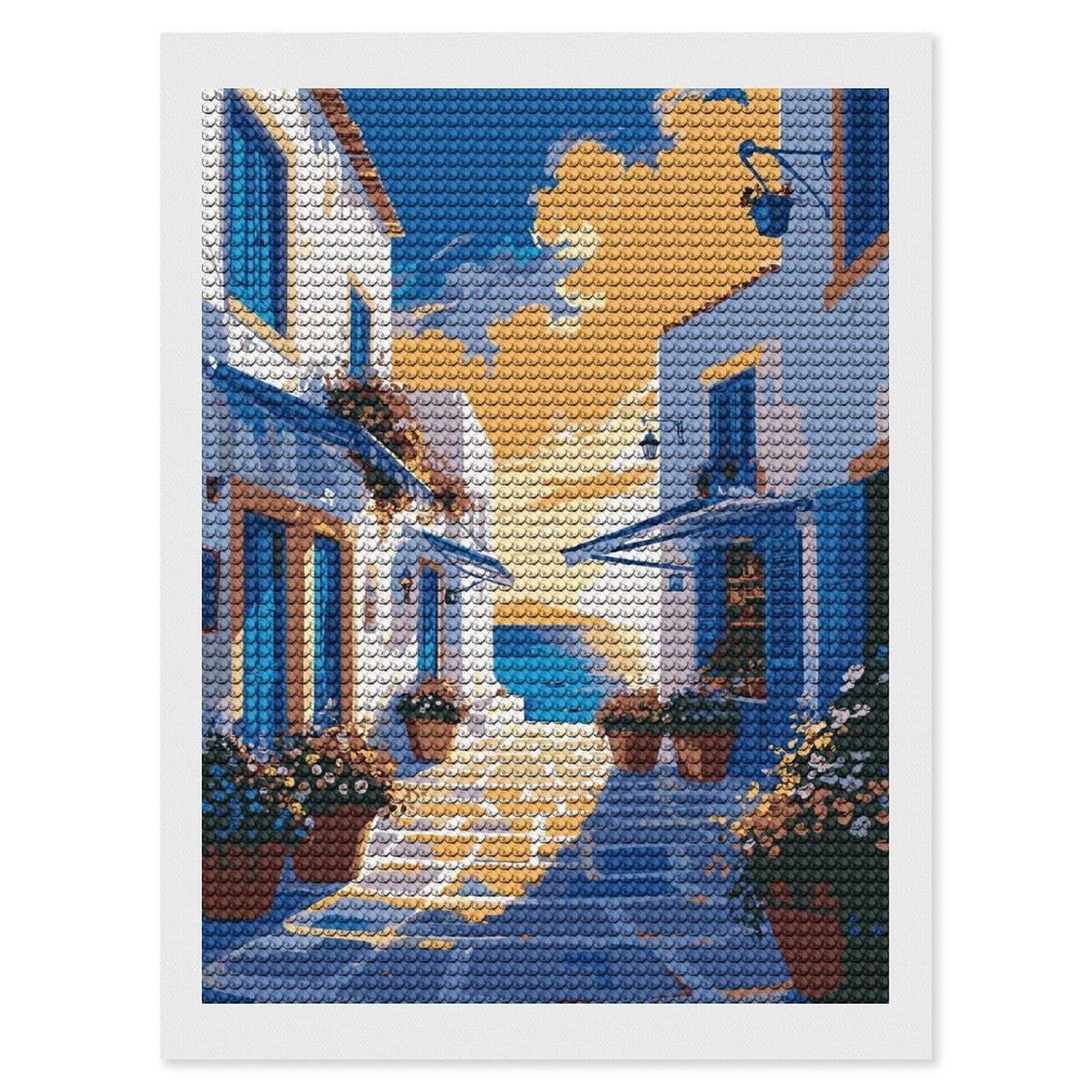 Junmoney Greek Island Street Scene Painting Diamond Painting Canvas Set 12"x16", Satisfying Creative Project, Easy to Follow Symbols, Fun Craft Experience