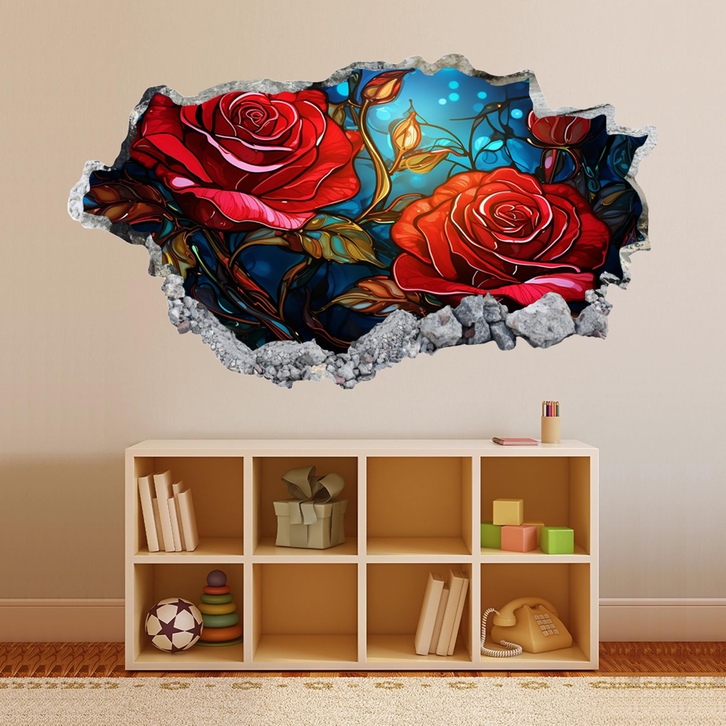 Wandtattoo 3D Wandaufkleber Rote Rose Wandsticker Wanddeko Wandbilder für Wohnzimmer Schlafzimmer Badezimmer Flur Küche Möbel Aufkleber 58x101cm