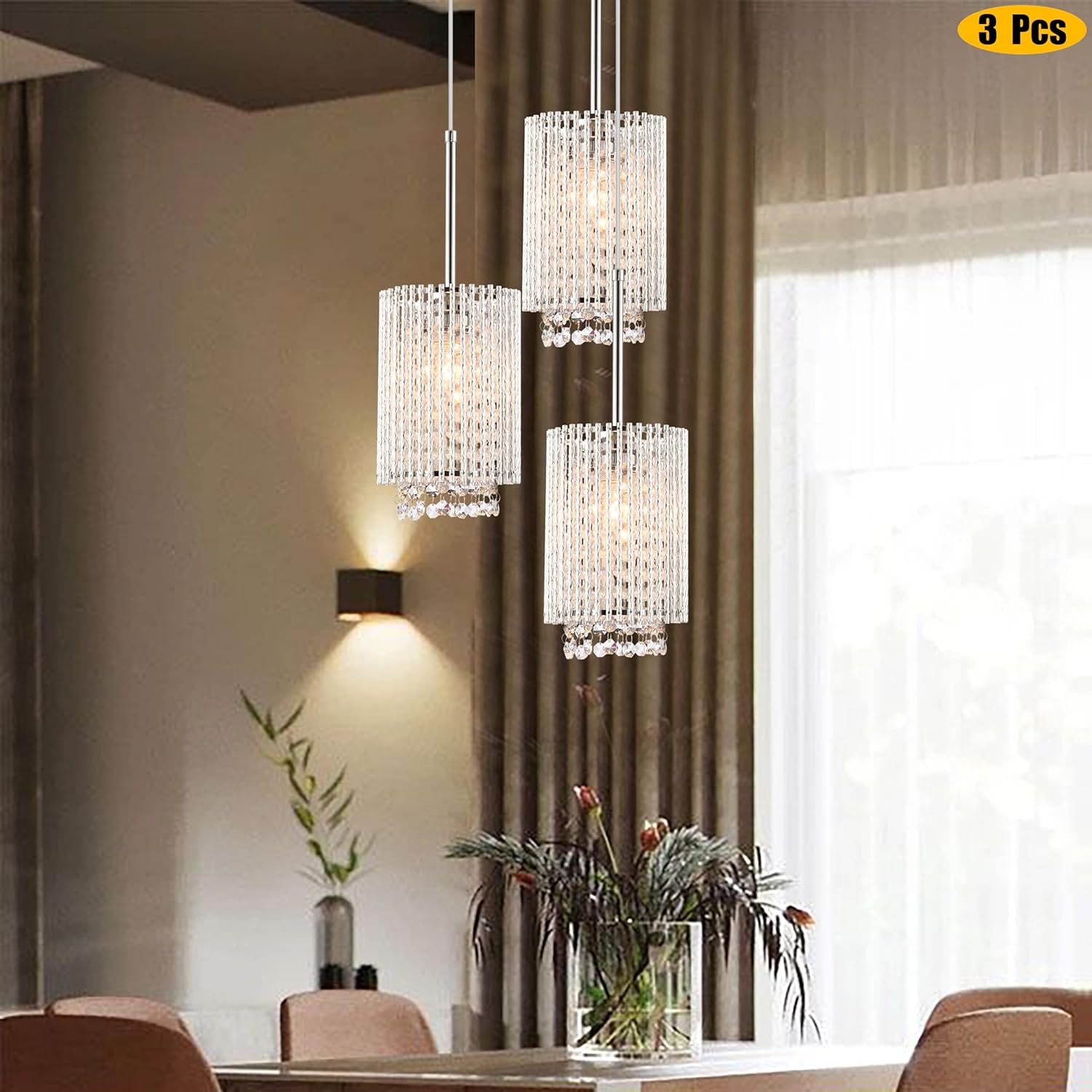Modern Aluminum Crystal 3-Light Farmhouse Pendant Fixture