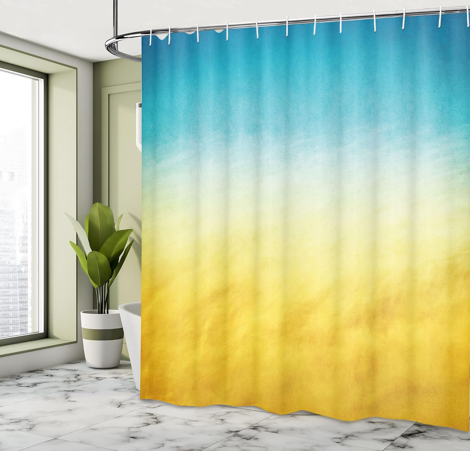 Ambesonne Yellow and Blue Shower Curtain, Surf Waves in The Ocean by The Beach an Exotic and Dreamy Gradient Toned Blurry Landscape, Fabric Bathroom Decor Set with Hooks, 69" W x 75" L, Blue Yellow