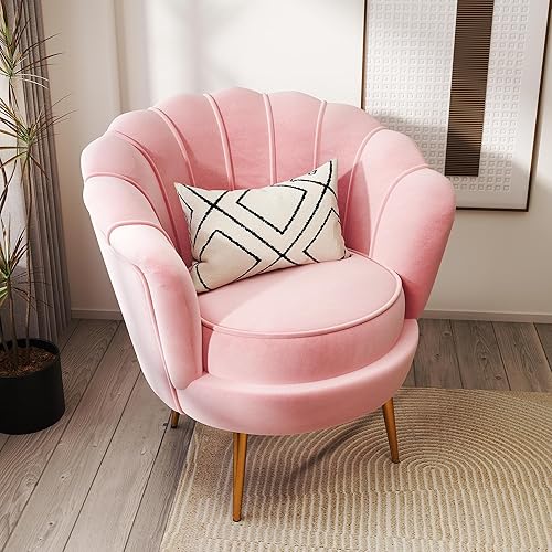 Miniatura 6 de DAGONHIL Silla decorativa tapizada moderna de mediados de siglo, silla de tocador de pétalos, sofá individual de terciopelo retro con patas de metal