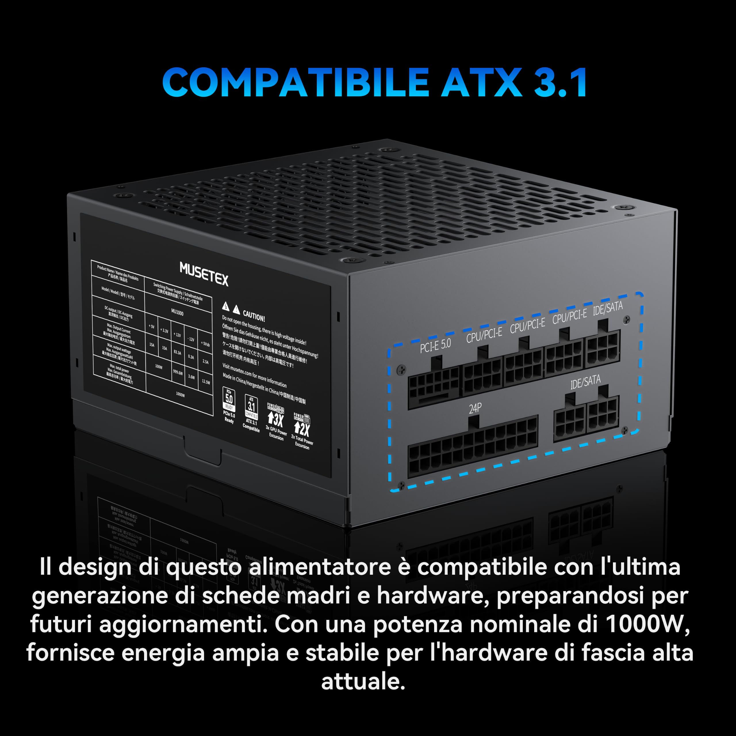 MUSETEX Alimentatore 1000W, Alimentatore ATX completamente modulare con cavo 12V-2x6, ATX 3.1 & PCIe 5.0 Alimentatore Gaming, Condensatori a 105°C, Alimentatore PC, (Nero) (MU1000)