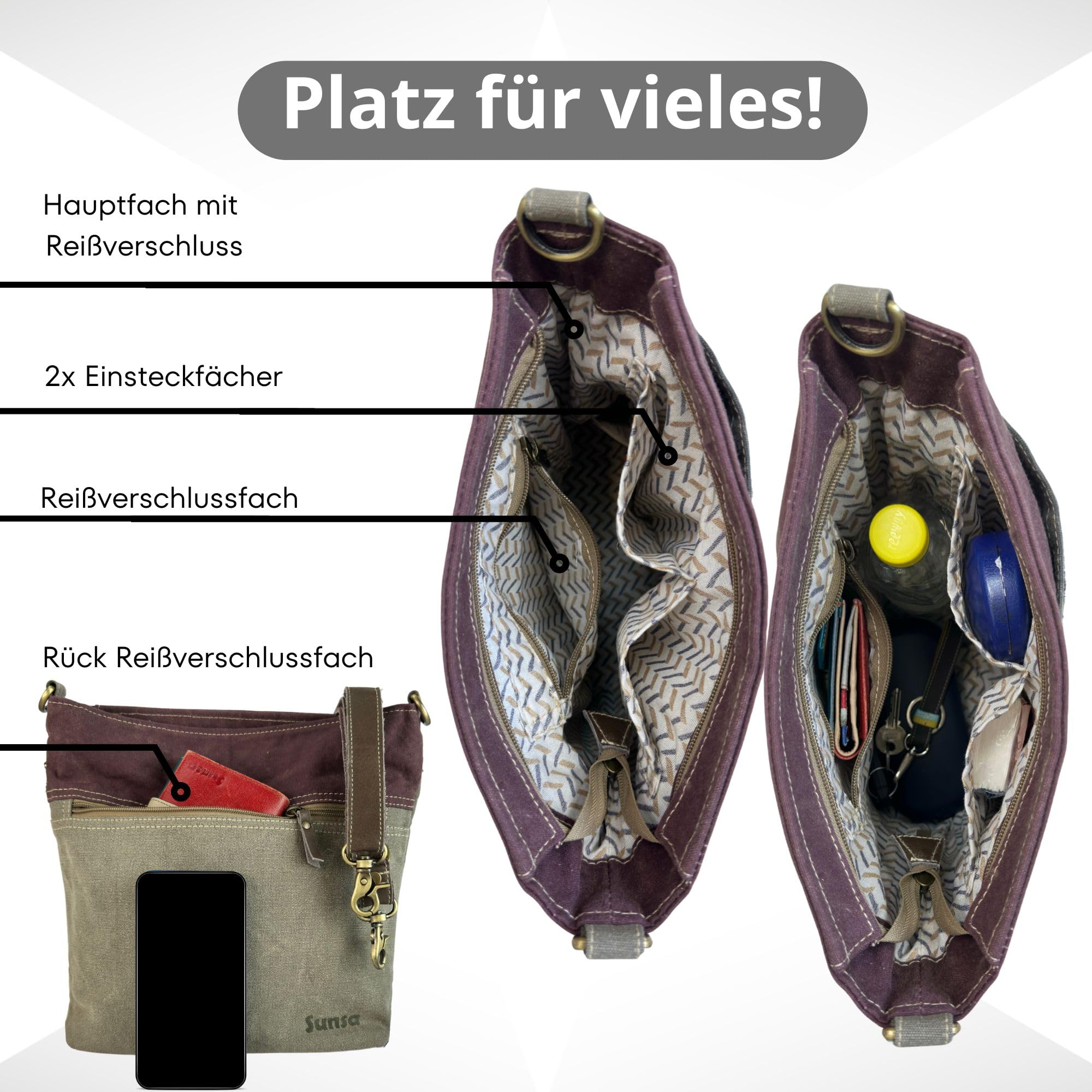 Sunsa Umhängetasche. Große Damen Tasche aus Canvas & Leder, braun khaki