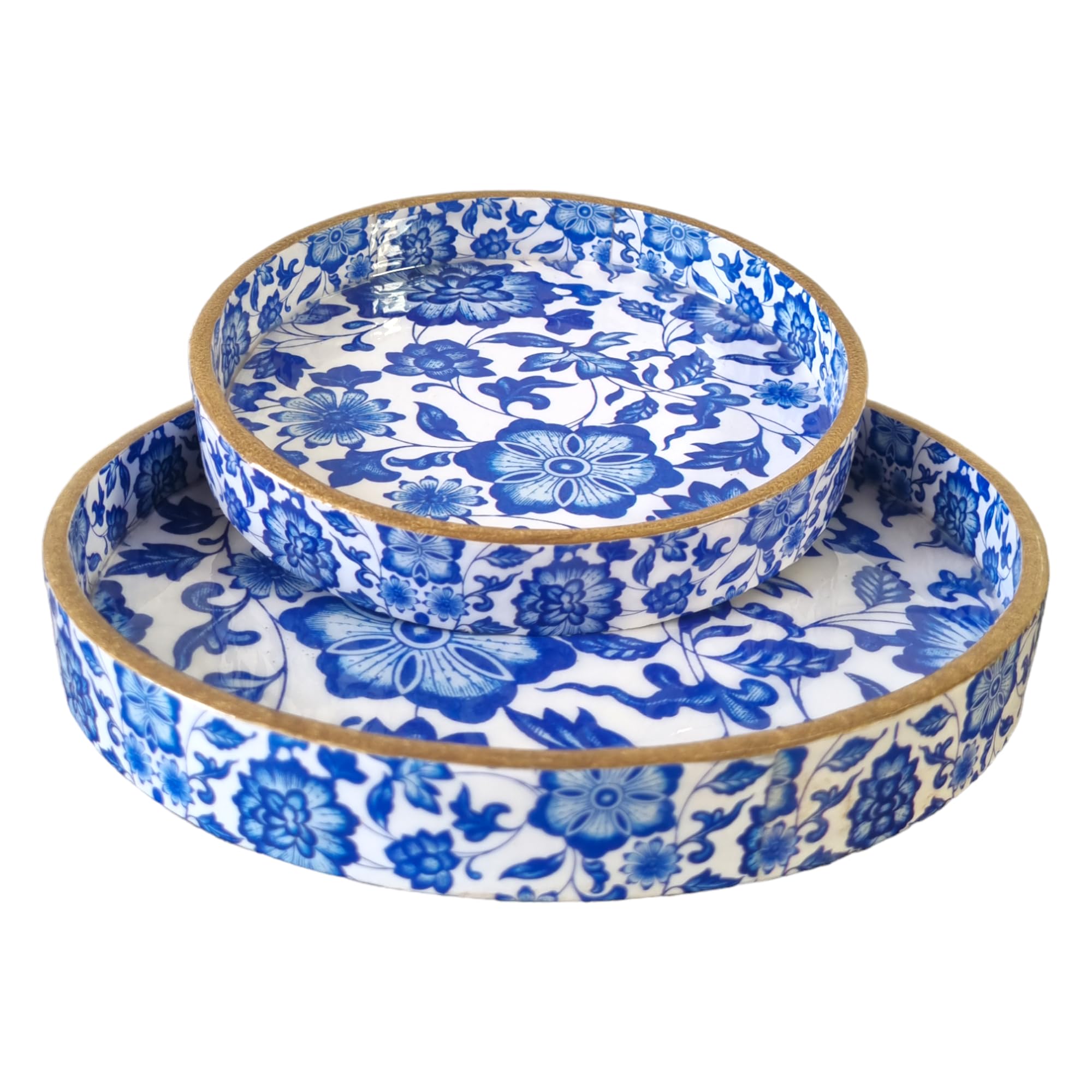NOHUNT Set of 2 MDF Wood Trays Enamel Coated| Round Wooden Serving Trays | Kitchen&Dining Decorative | Resin Tray | Handmade | 7x7 & 9x9 inches (Blue Flower)