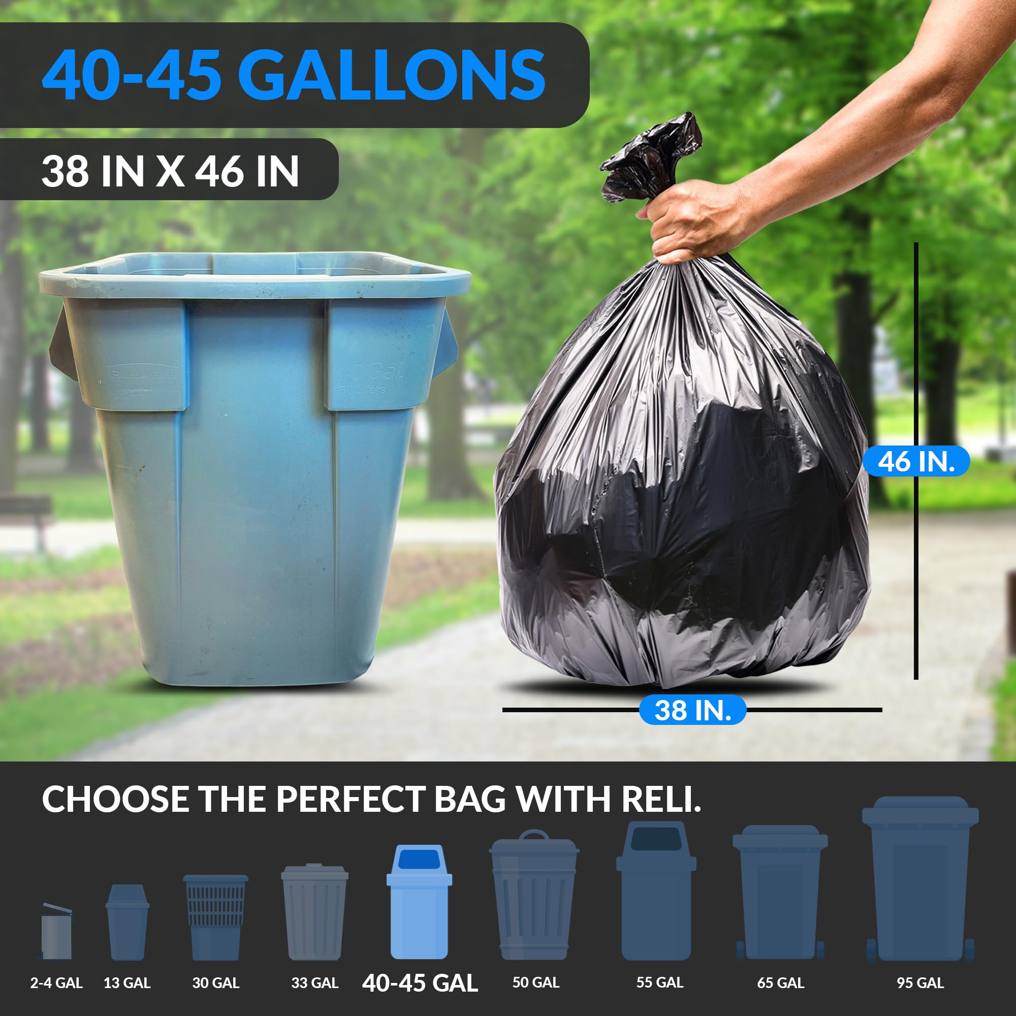 Reli. Bolsas de basura resistentes de 40 a 45 galones, 250 bolsas, bolsas de basura negras grandes, 39, 40, 42, 45 galones, fabricadas en Estados Unidos