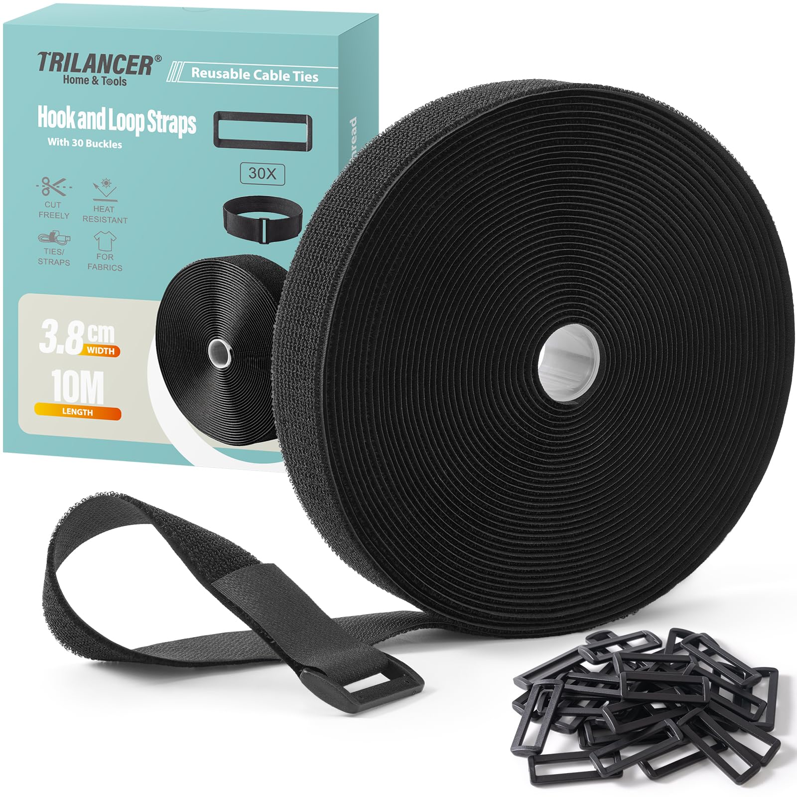 Trilancer 3.8 CM x 10 M Heavy Duty Hook and Loop Straps with 30 Buckles – Adjustable, Cut-to-Length, Reusable Cinch Straps for Securing Cables, Hoses, Pipes, and More