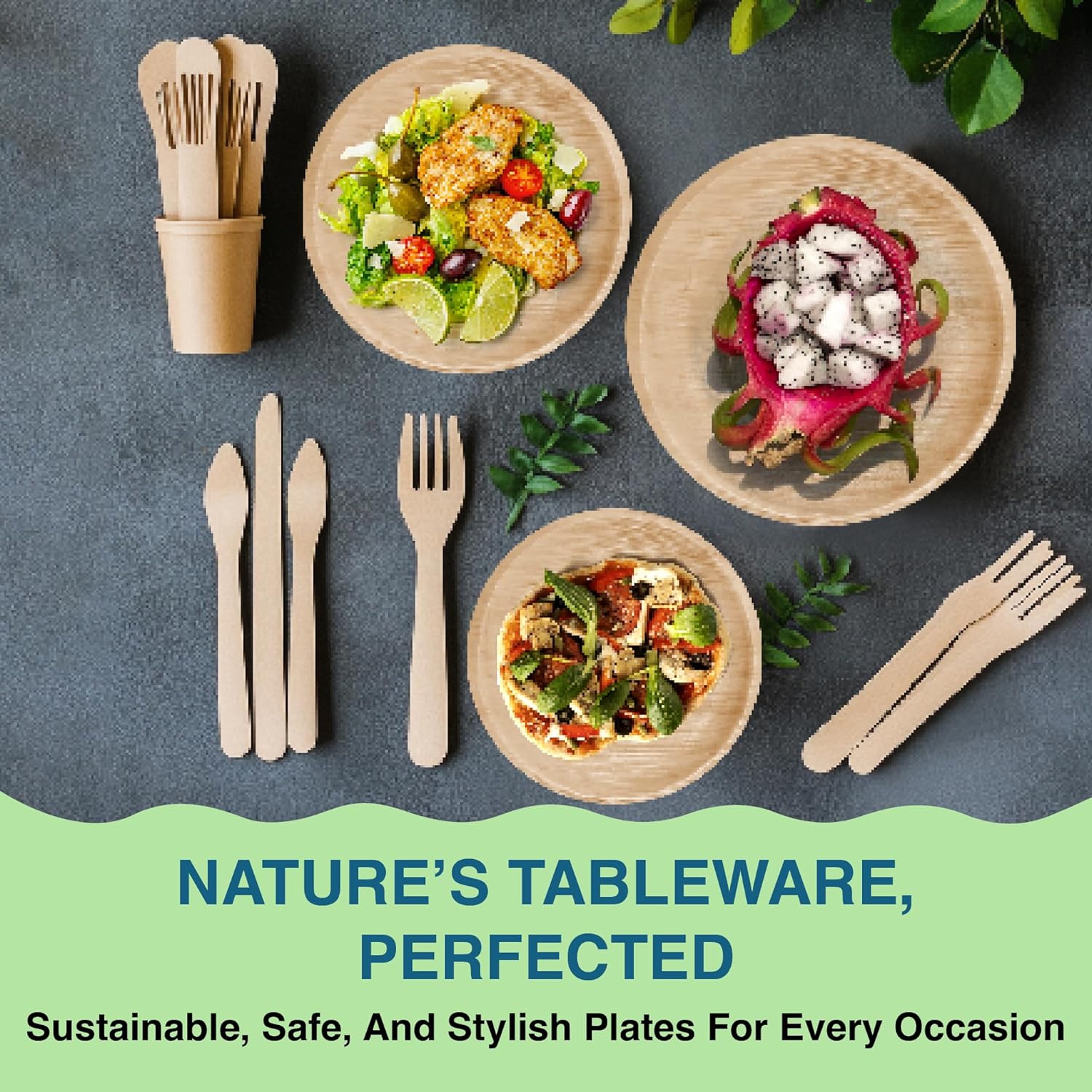 Bulk 10" Palm Leaf Disposable Dinner Plates (50-Count) - 100% Natural & Compostable Eco-friendly Plates for Lunch, Dinner or Catering