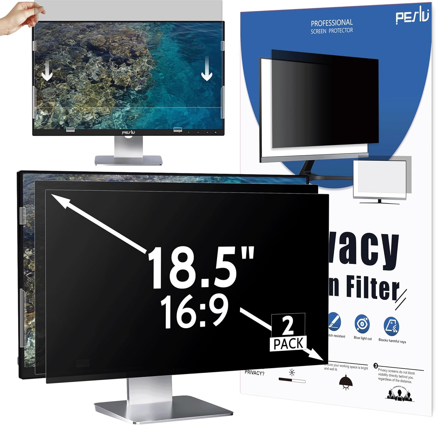 [2 Pack] 18.5 Inch Privacy Screen for Computer Monitor 16:9 Aspect Ratio, Eye Protection Anti Blue Light Glare Shield, 18.5inch Removable Black Blackout Anti Spy Desktop Security Private Filter (2 Pack for 18.5 Inch 16:9 Aspect) Thumbnail