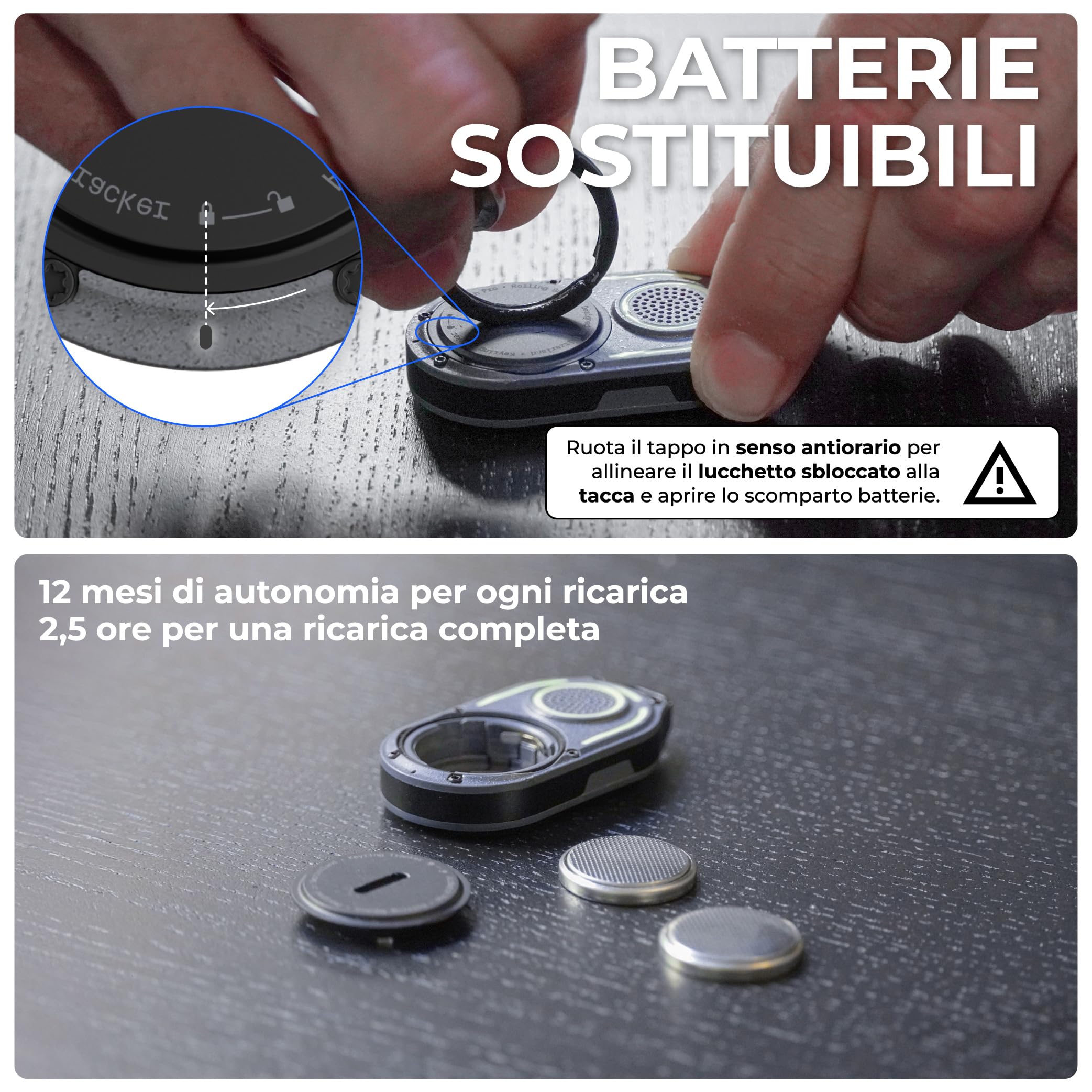 Rolling Square AirNotch Pro Dual – Tracker Android e Apple, Localizzatore Bluetooth Compatibile con Apple Find My e Google Android Find Hub, Suono 360° Batterie Sostituibili, Air Tracker Tag Grigio 2x