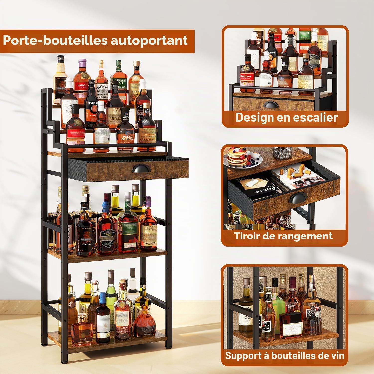 IBUYKE Range Bouteille Vin à Plusieurs Niveaux,Indépendant,Casier à vin avec tiroir pour Whisky, Étagère à Bouteilles de présentation pour Bar,Salon,Salle à Manger, Marron TMJ915H