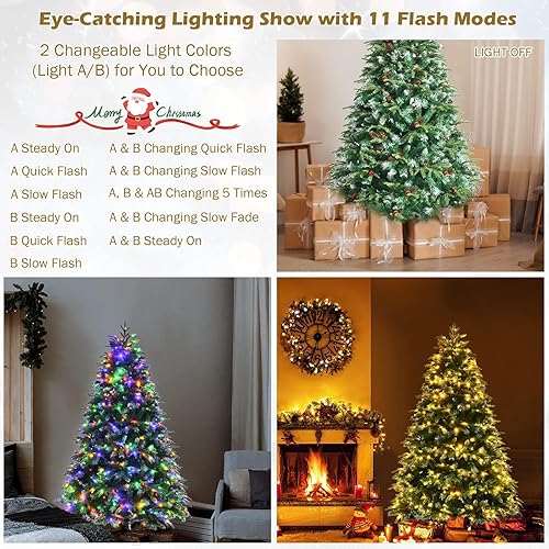 Miniatura 6 de Happygrill Árbol de Navidad flocado de nieve preiluminado de 6 pies con 250 luces LED y 1415 puntas de ramas de polietileno y PVC, árbol de