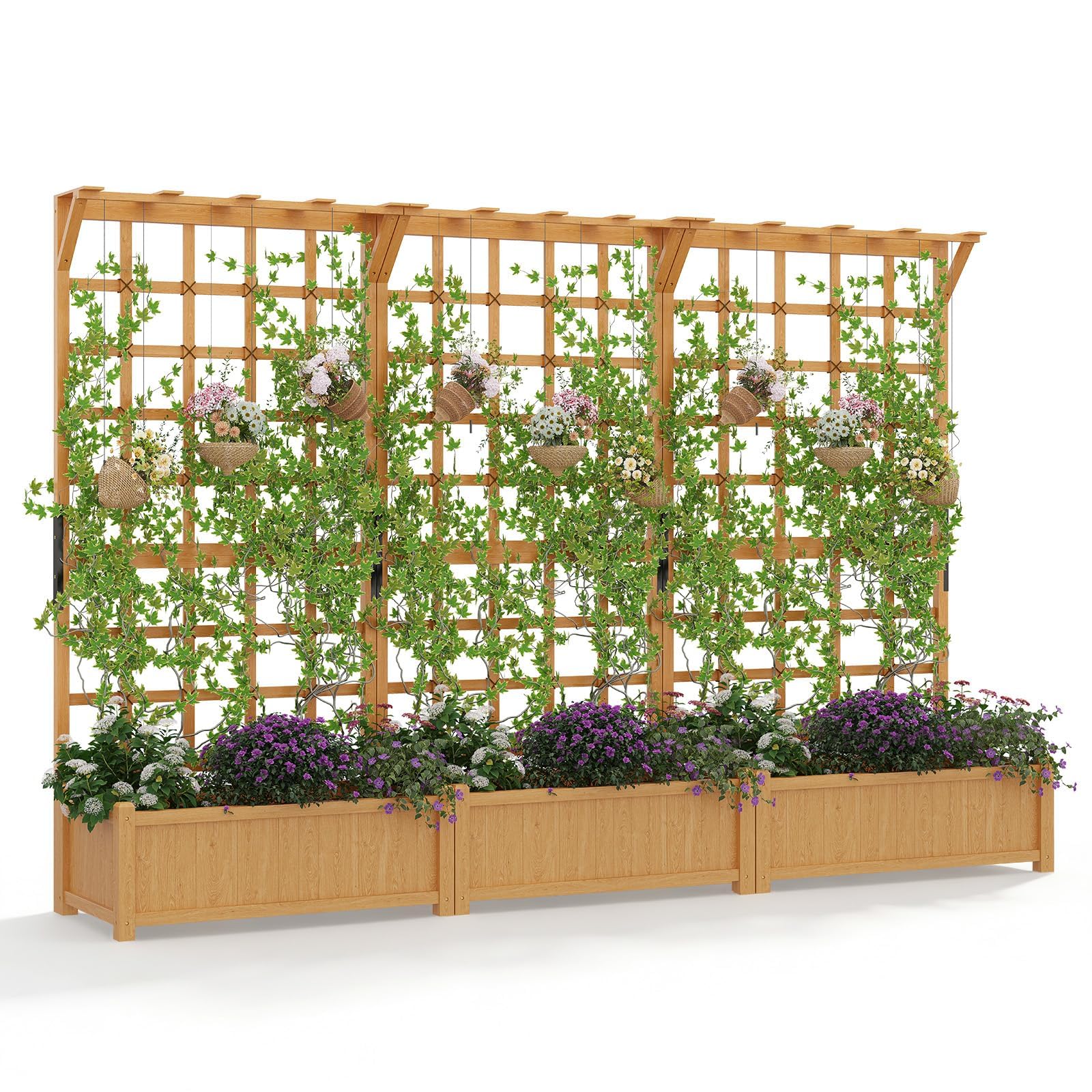 Aoxun 108" Raised Garden Bed with Trellis, Wood Planter Container with Hanging Roof &amp; Garden Boxes for Climbing Plants Flowers Vine (3 piece)