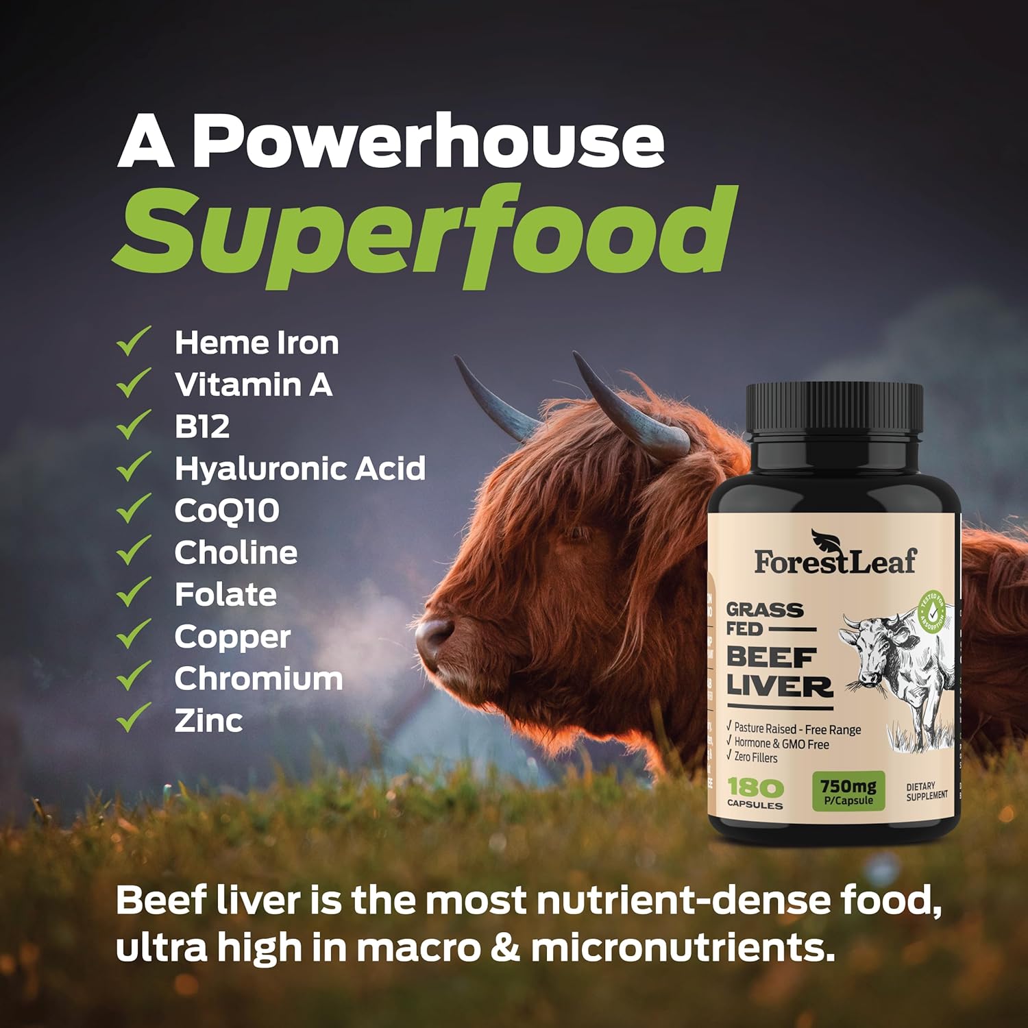 ForestLeaf Grass Fed Beef Liver Capsules, 3000mg Per Serving, Supports Immunity & Body Wellness, Cleansing, Digestion, Natural Iron, Vitamin A and B12, Freeze Dried Beef Liver Supplement, 180 Caps - Image 8