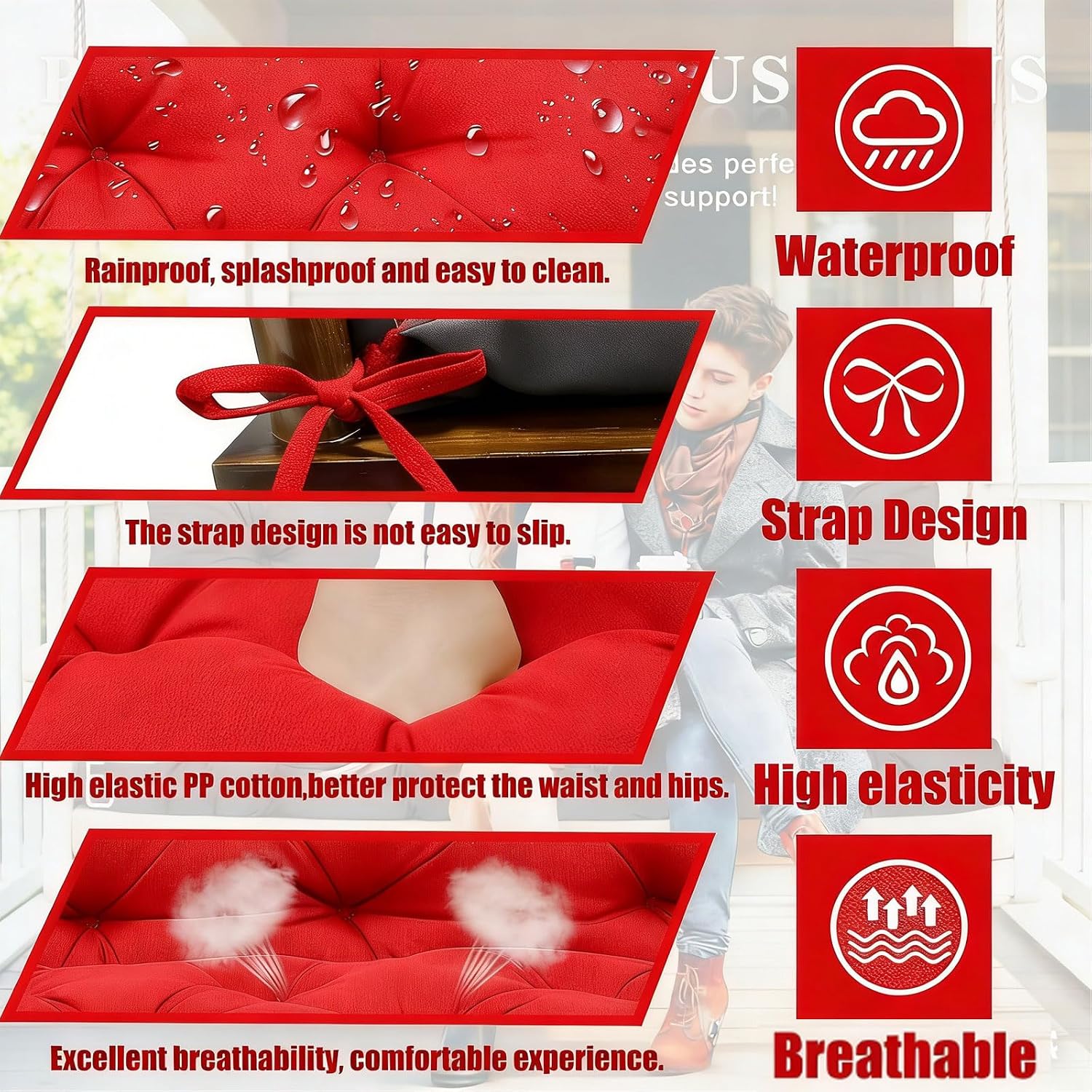 Outdoor Swing Cushions, Thickened 2-3 Seater Porch Swing Cushions with Backrest,Waterproof and Fade-Resistant with Ties for Patio Long Bench Outdoor Garden Backyard(Red 40×40 in)