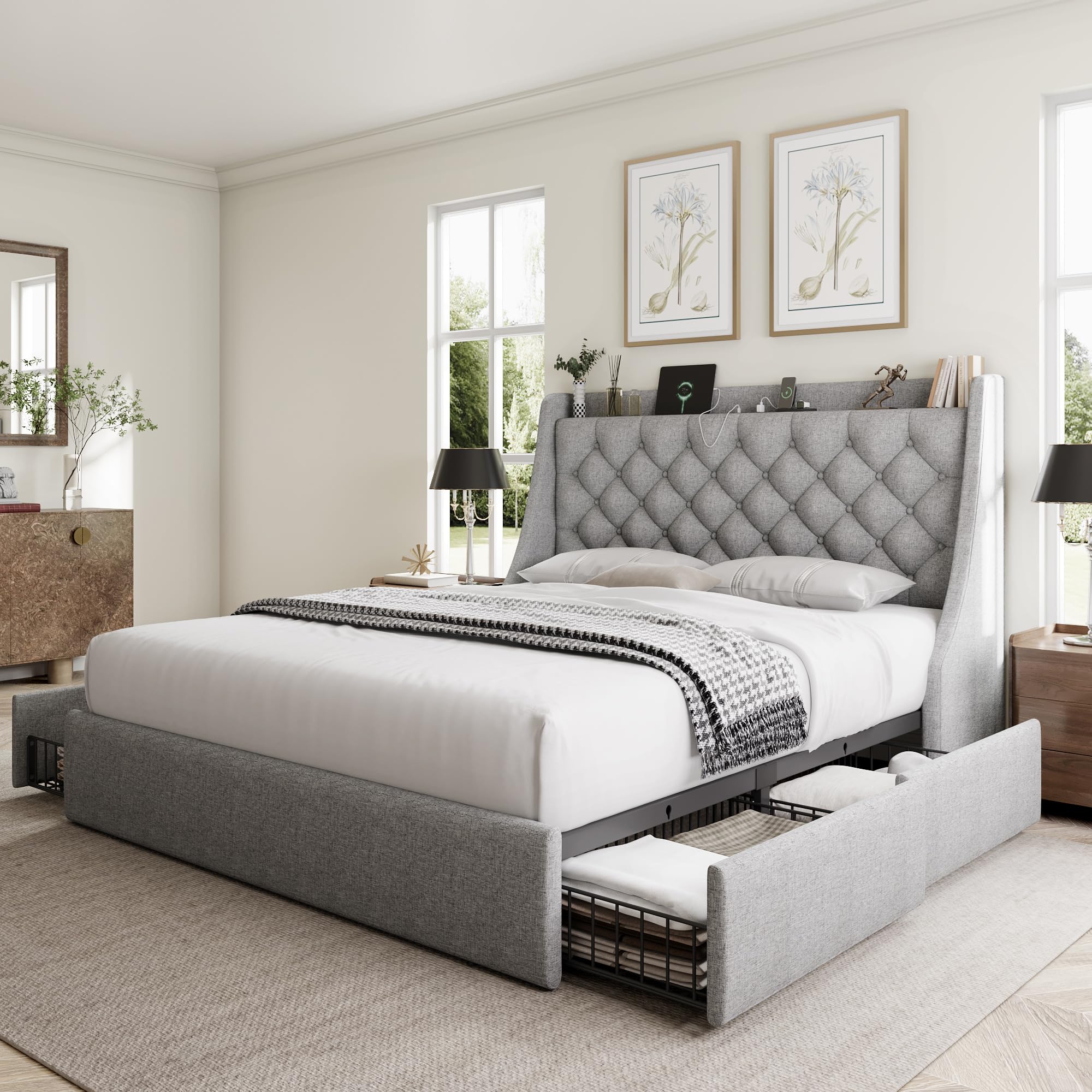 GalnFu Full Size Bed Frame with 4 Storage Drawers, Giant Upholstered Wingback Headboard, Fast Charging Station, No Box Spring Needed, Noise-Free,