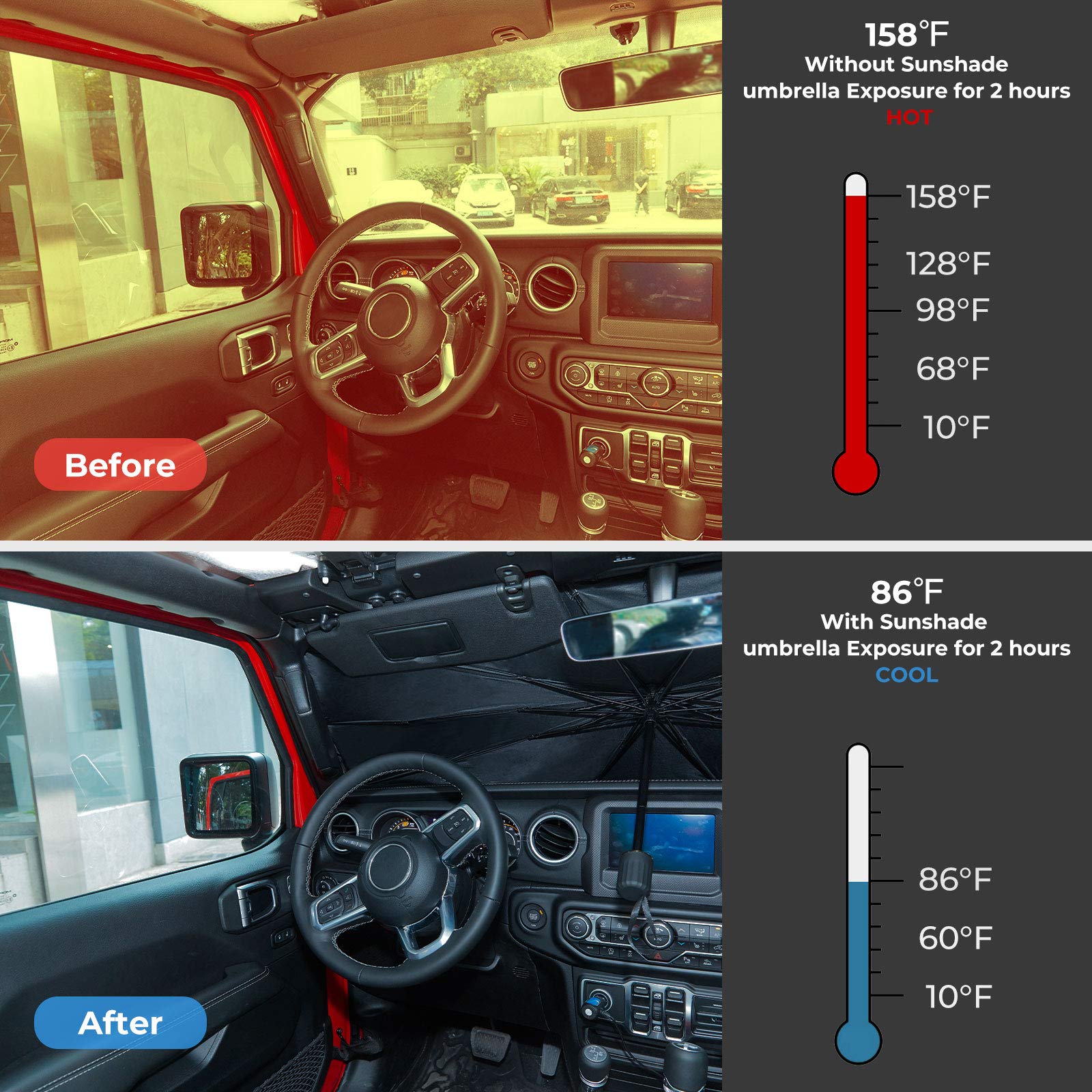 Windshield Sun Shade, JoyTutus Custom-fit Blocks Rays Sun Shade Visor Protector Compatible with Wrangler JL, Easy to Install Car Windshield Sunshade, Keep Your Car Cool for JL JLU 2018-2024 & JT