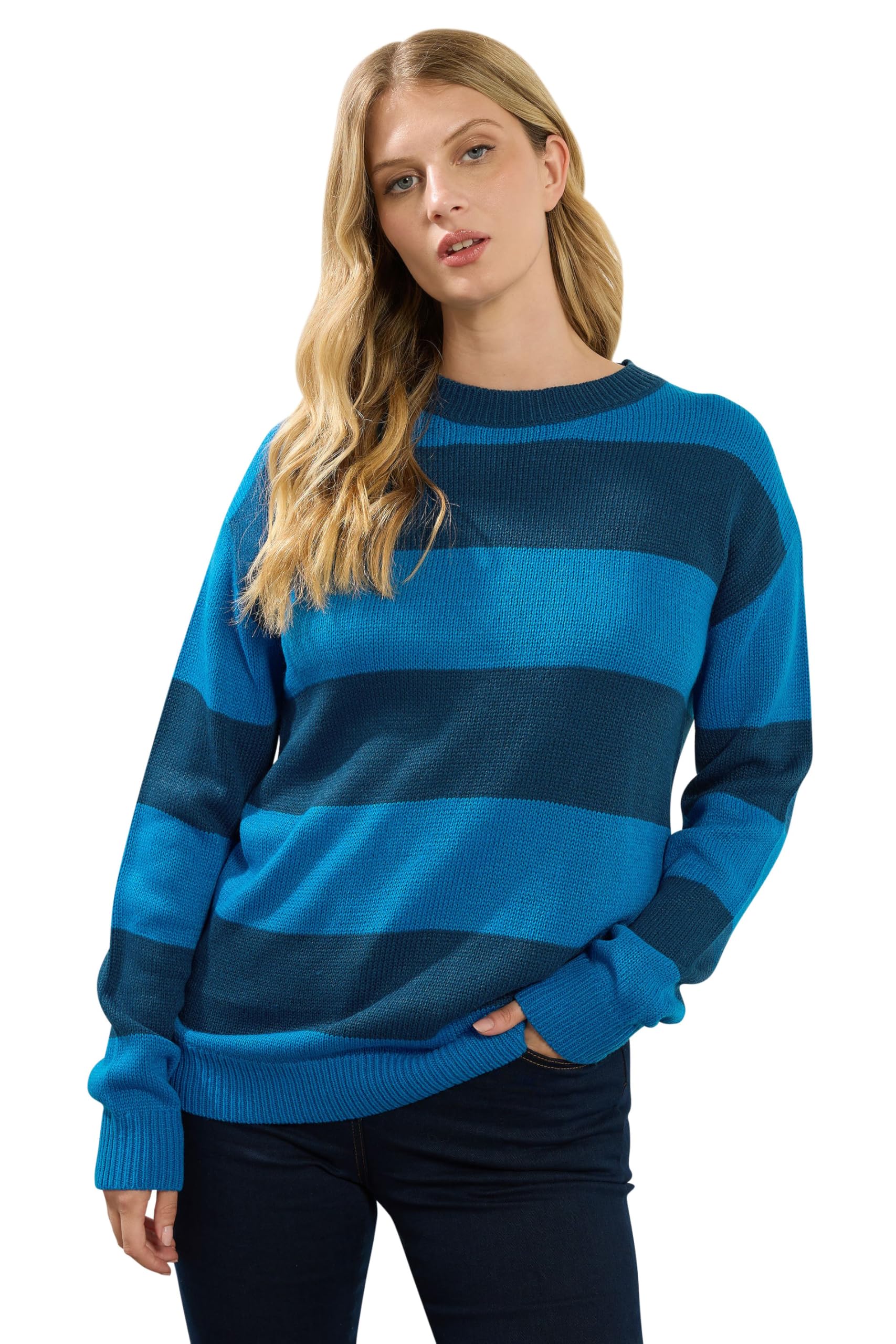 Long Tall Sally - LTS Tall Knitted Stripe Crew Neck Jumper - Women's Blue