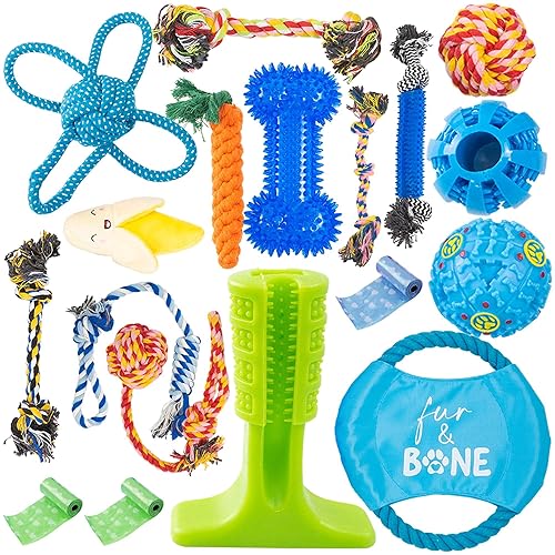 Fur & Bone Dog Chew Toys (18-Pack) - Puppy Toys for Boredom - Indestructible Rope & Squeaky Teething Toys for Small & Medium Dogs - 18 Pack