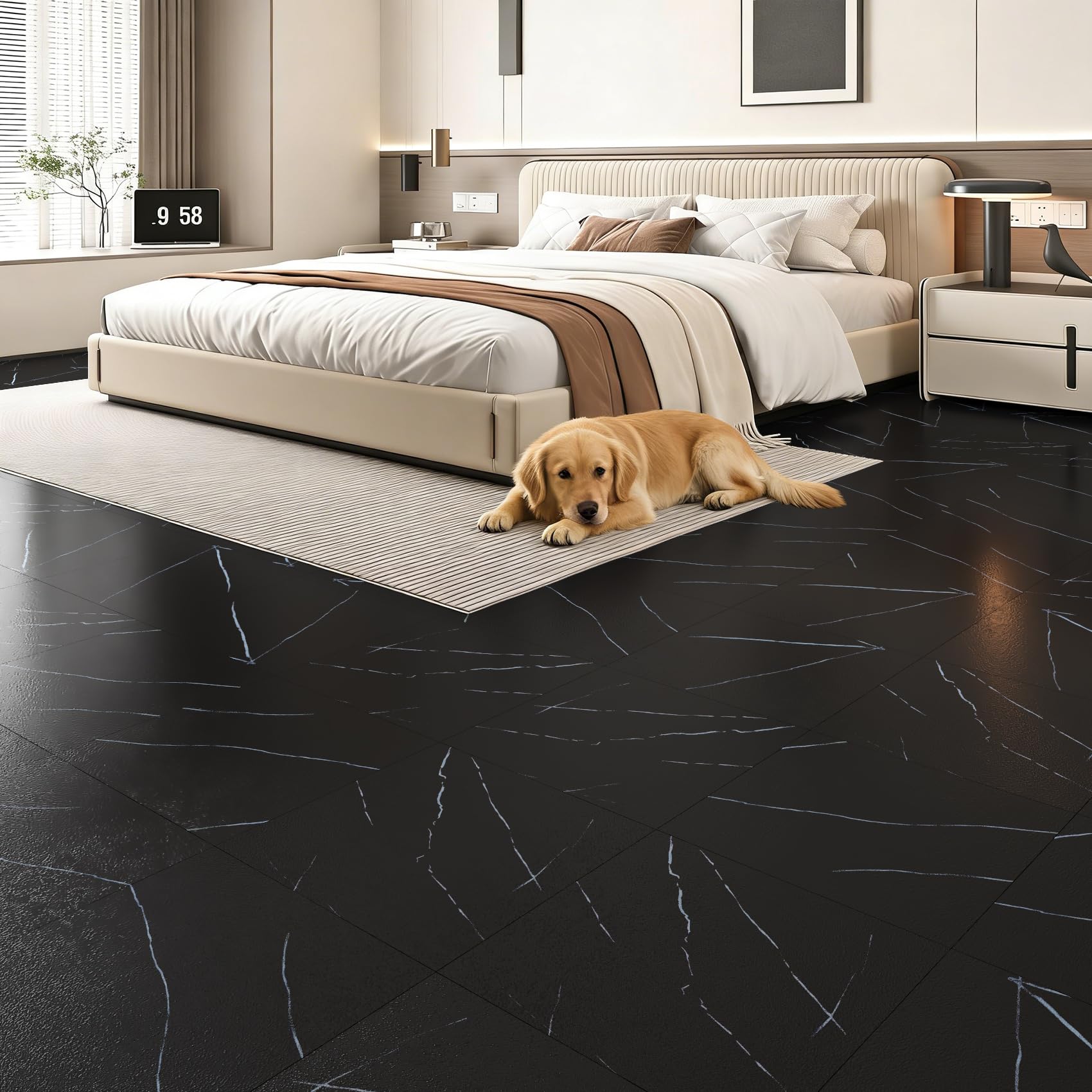 ReWallpaper 30 Baldosas Vinilo Suelo Autoadhesivo Mate 30cmx30cm Suelo Adhesivo para Baño Marmol Negro Piso Vinilico Adhesivo para Salon Habitación Revestimiento PVC Decorativas Suelos