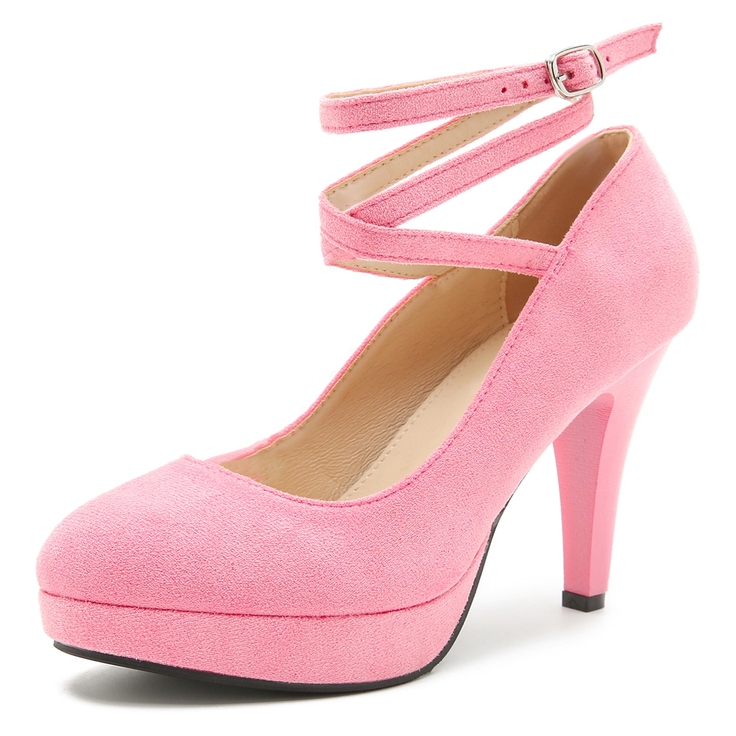 Women's Platform High Heel Pumps with Criss Cross Ankle Strap, Closed Toe, Dress Shoes