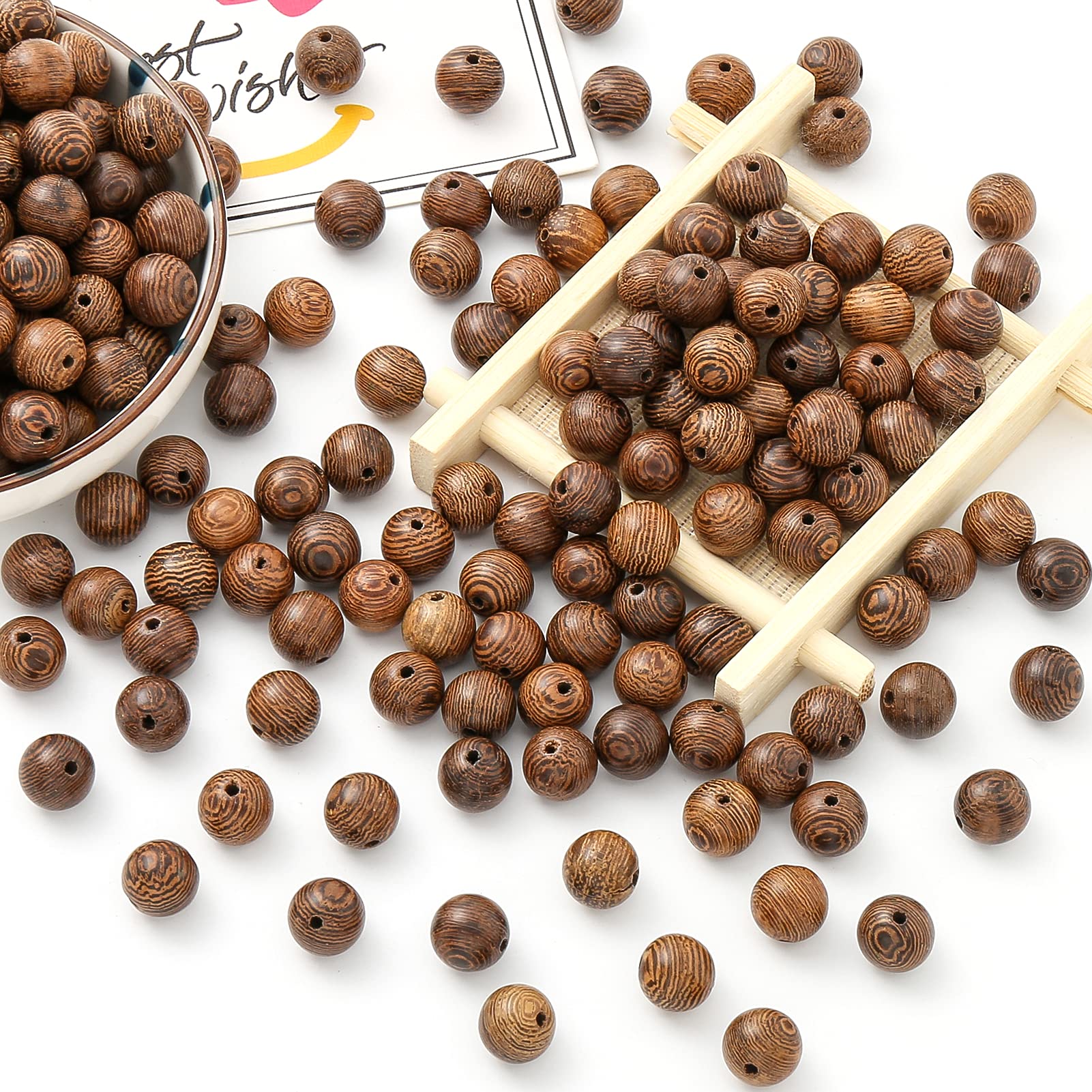 DAHI 600PCS Dark Brown Wooden Beads 8MM Sandalwood Beads Natural Stripe Round Assorted Wood Loose Craft Beads for Jewellery Making (600pcs)