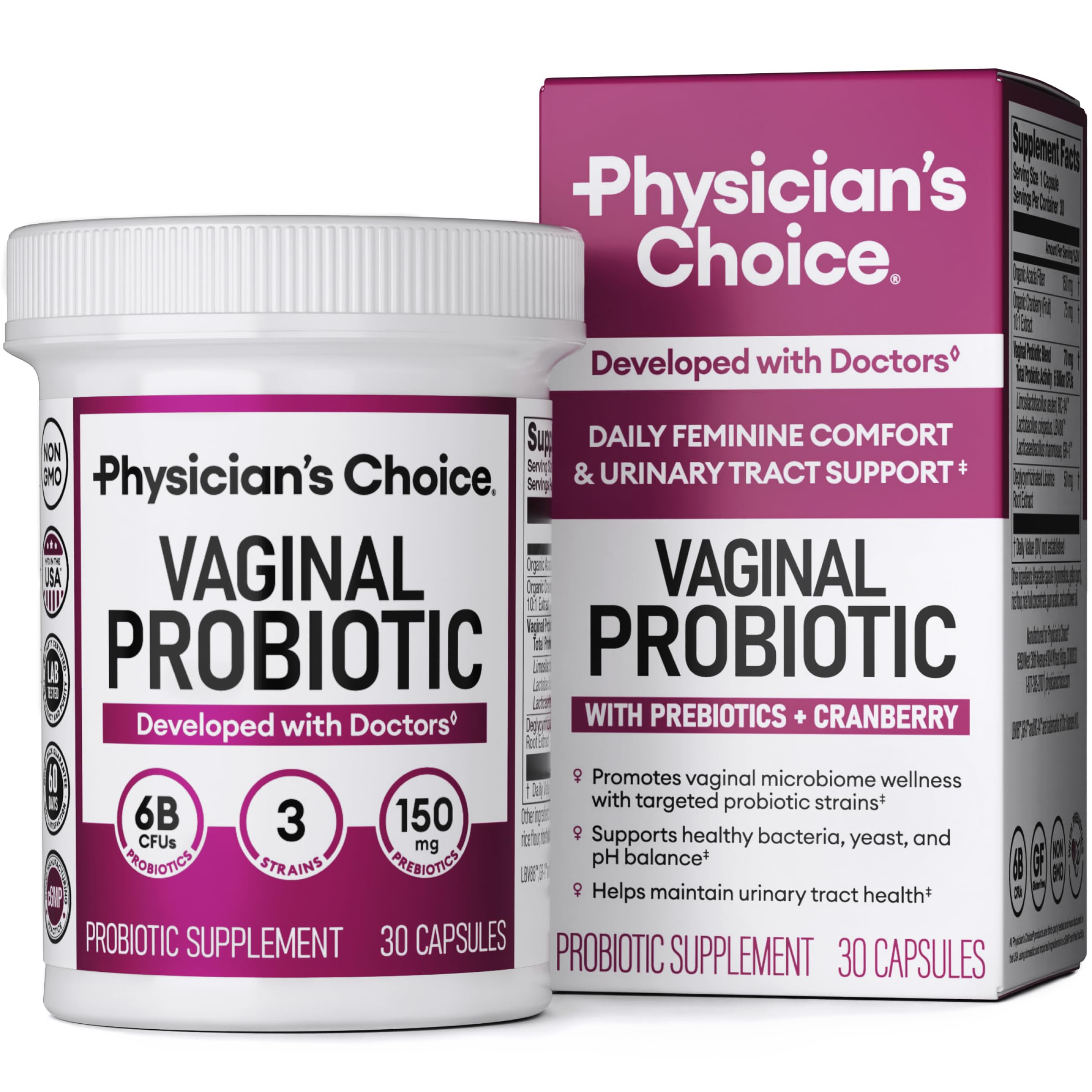 Physician's CHOICE Vaginal Probiotics for Women - Unique with Licorice Root - PH Balance, Odor Control, Yeast, Vaginal Microbiome & Feminine Health - 6B CFU - Organic Prebiotic, Cranberry - 30 CT
