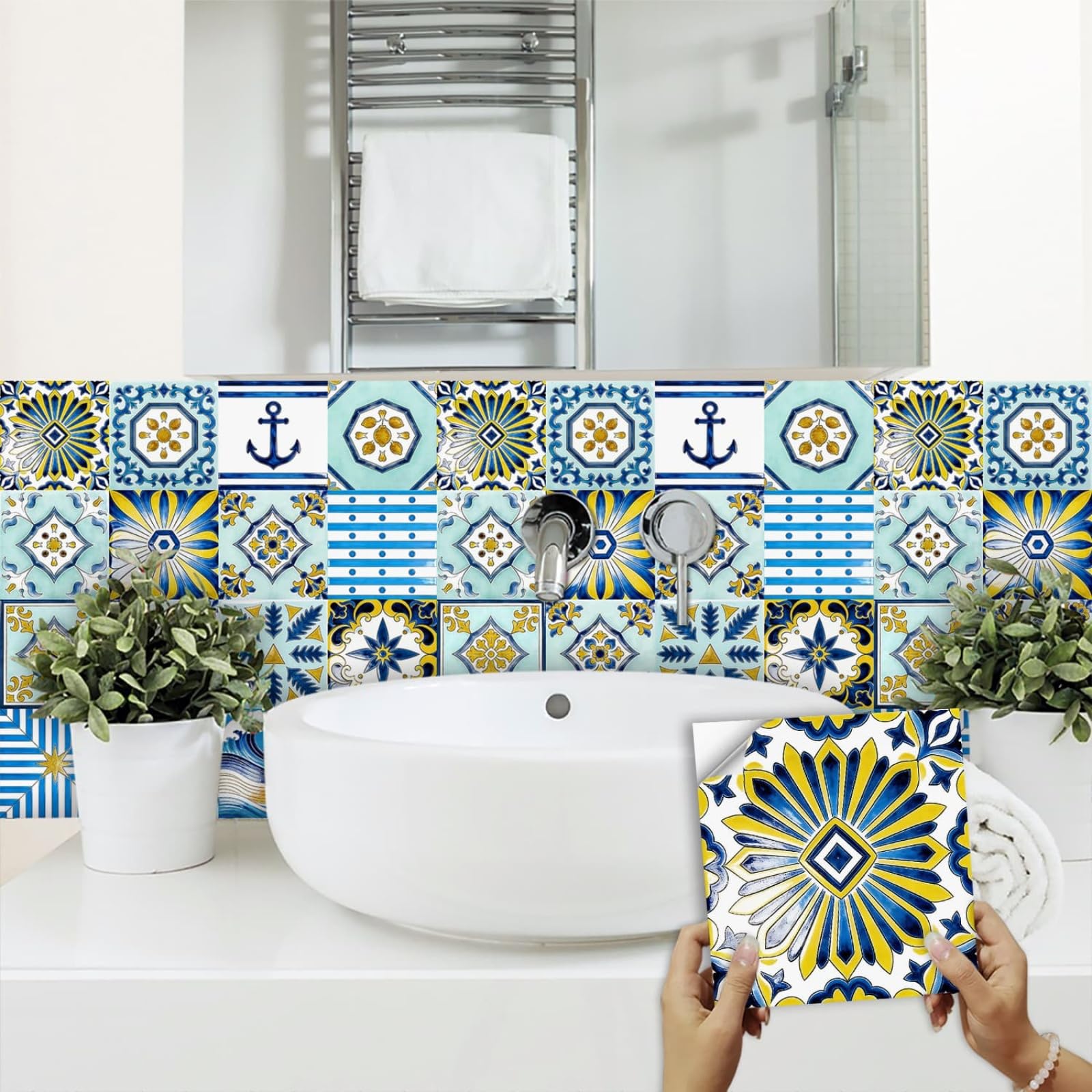 Peel and Stick Wall Tiles Bathroom 15X15CM Pattern Self Adhesive Wall Tiles Kitchen Splashbacks,Vinyl Waterproof Oil Proof Home Decor