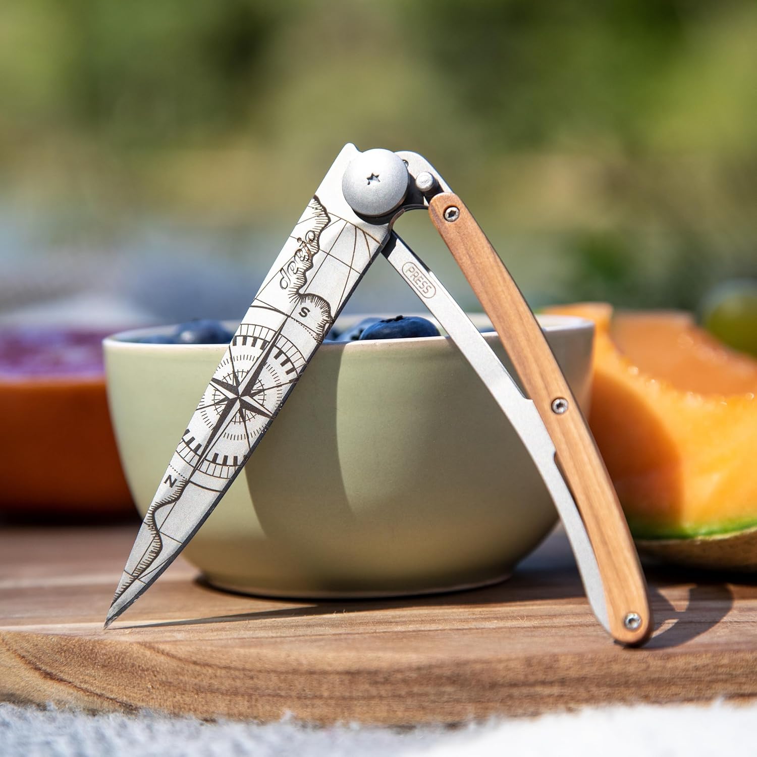 deejo - 37G Folding Pocket Knife with Belt Clip - Terra Incognita Design, 3.7-Inch Stainless Steel Blade, Olive Wood Handle - Lightweight Everyday Carry for Home, Work, and Outdoor Use