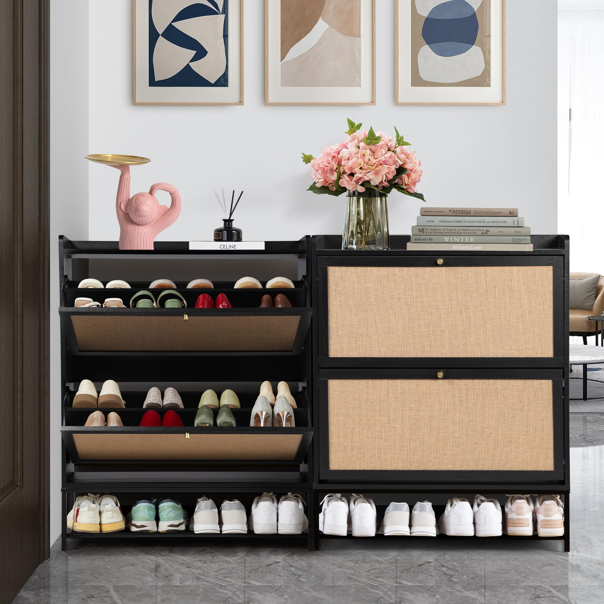 LEVNARY Shoe Cabinet for Entryway, Black Slim Shoe Cabinet with 2 Flip Drawers Narrow Shoe Storage Cabinet, 2 Tier Freestanding Shoe Organizer for Entryway, Hallway, Living Room (2, Black)