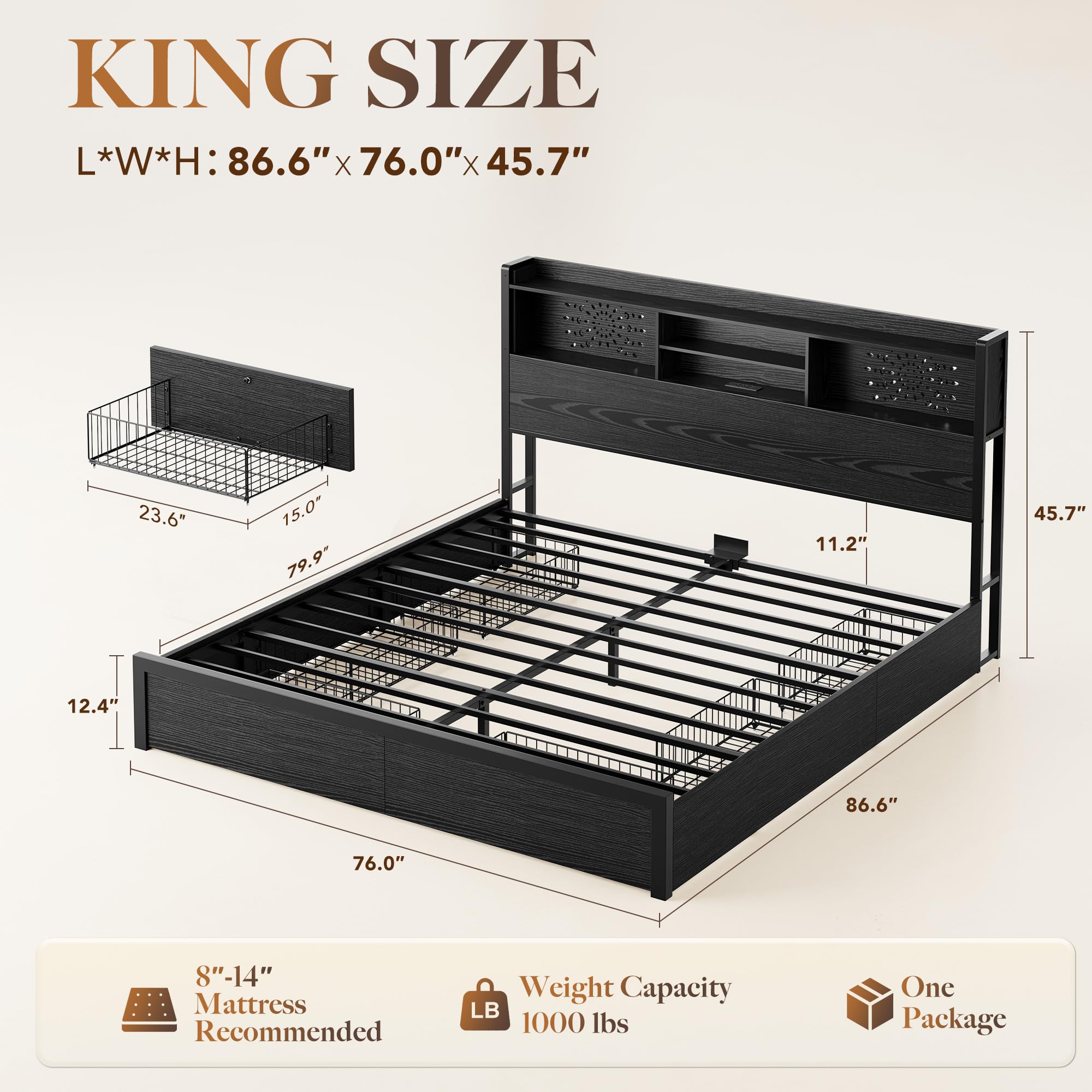 Condition photo showing As Is for belffin king bed frame with 6 storage drawers and carving headboard, wooden bed frame with charging station and led lights, no noise and easy assembly, no box spring needed, vintage black