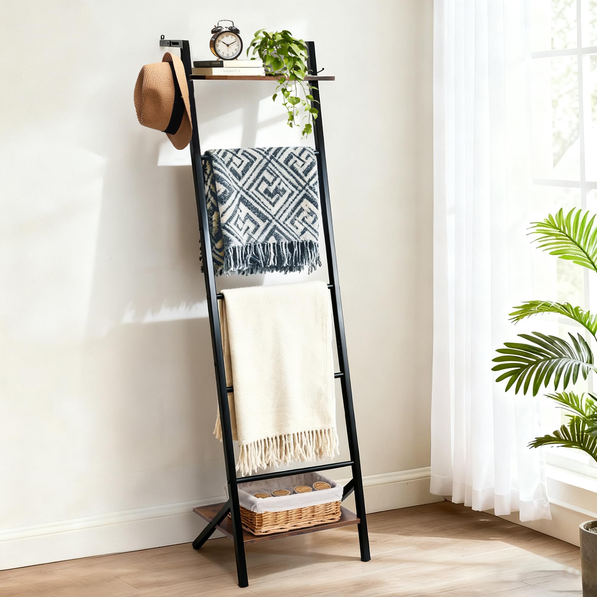 5 Tier Blanket Ladder with Shelf and Hooks, 4.8ft Metal Ladder Shelf Blanket Holder Storage Rack for Living Room, Free Standing Blanket Rack for Storage and Home Decor