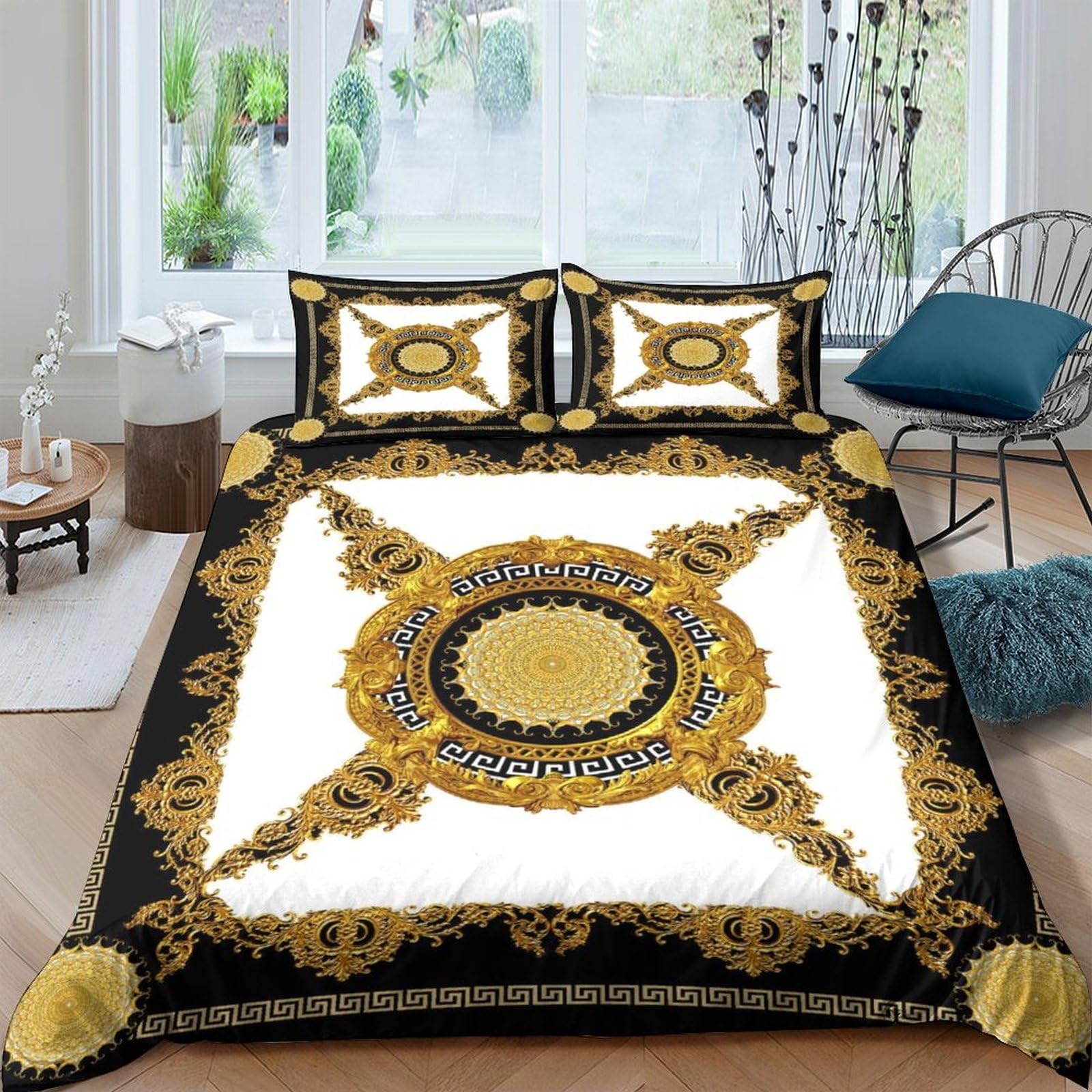 Ctjqhvkz Style-5 3D Printed Baroque Medallion Fitted Sheet Microfiber Soft Gold Black Ornamental Mattress Cover For Bedroom Guest Room Decor Single（135X200cm）