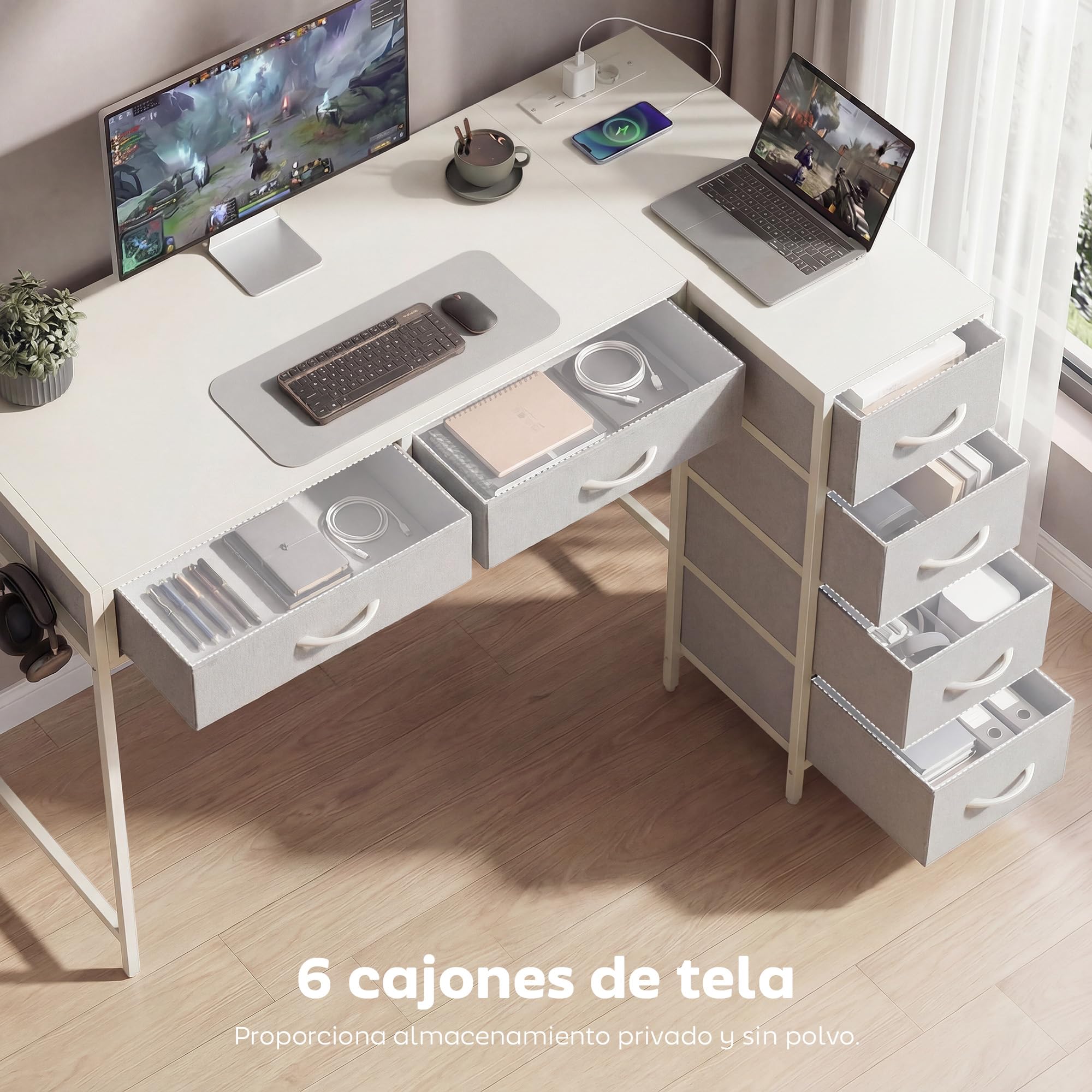 HOMCOM Escritorio Esquinero Reversible con 6 Cajones Tela 126x48 cm Blanco