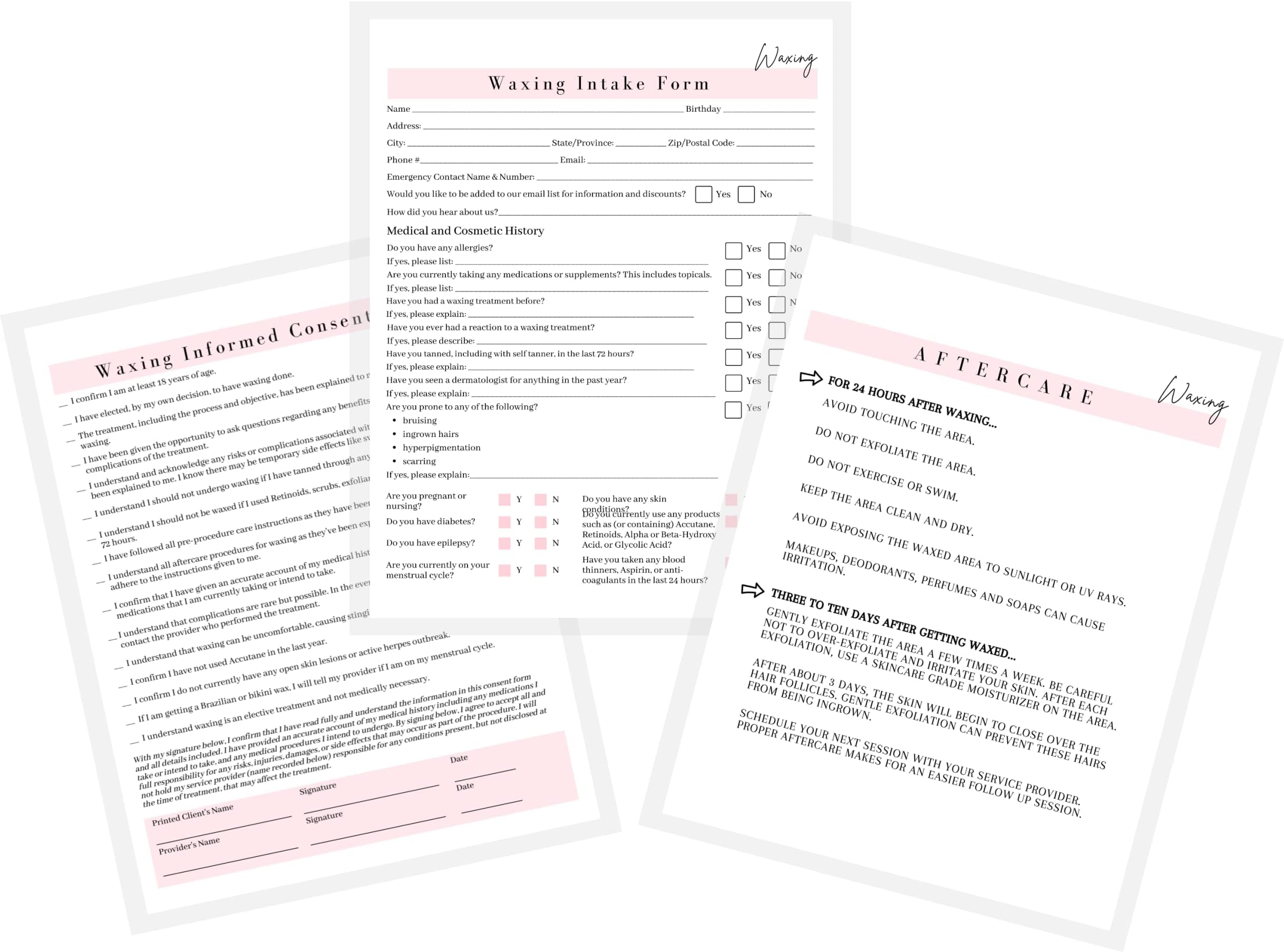 Waxing Intake, Consent, and Aftercare Form | Printed Physical 8.5 x 11" A1 Forms | Clients Signature | White and Pink Design