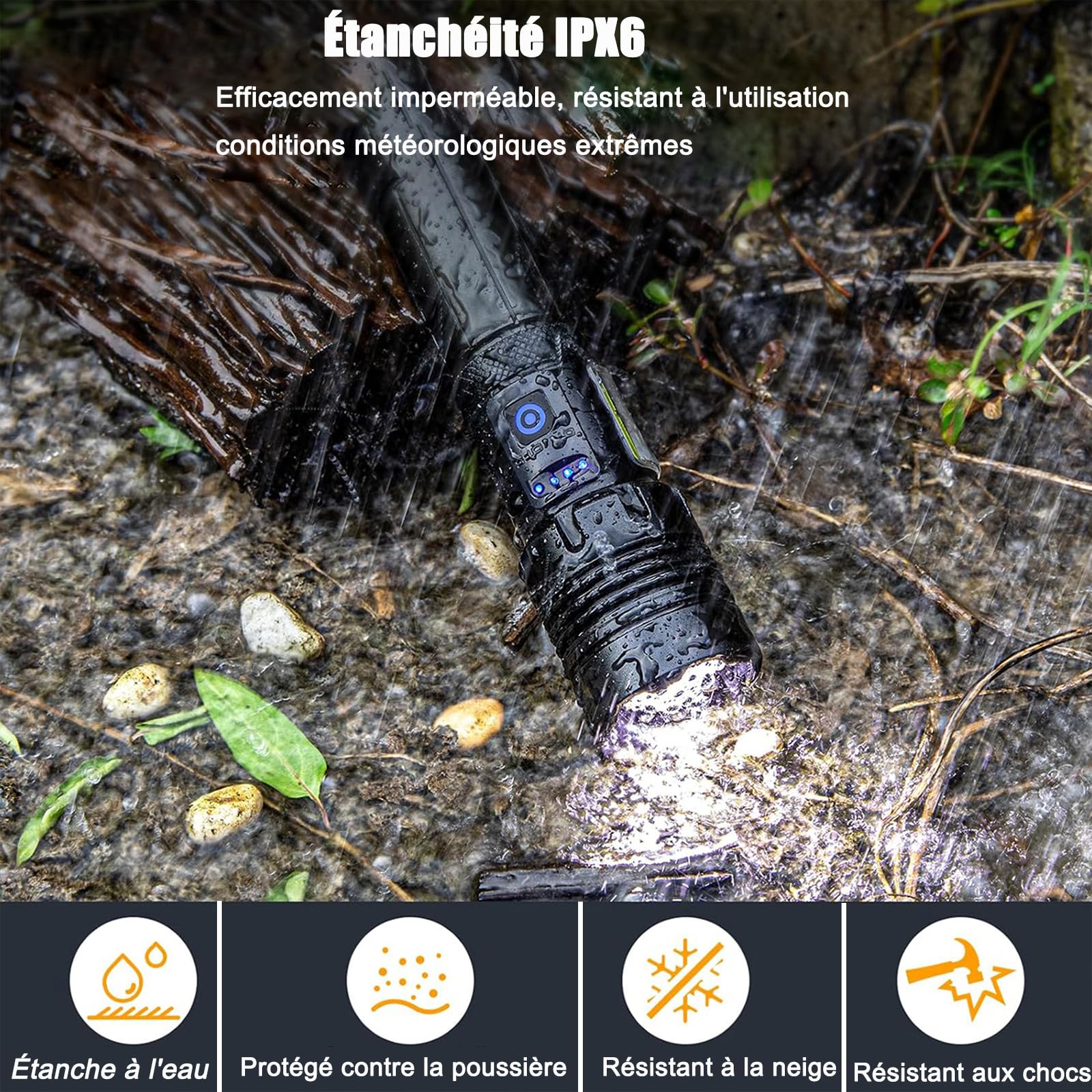 ZEUSFIRE Lampe Torche LED Ultra Puissante, 1000000 Lumens Lampe Lorche LED Rechargeable, Longue Durée, 7 Modes & IPX6 Étanche Lampe Torche Tactique Idéal Pour Camping, Marche, Pêche, L’urgence