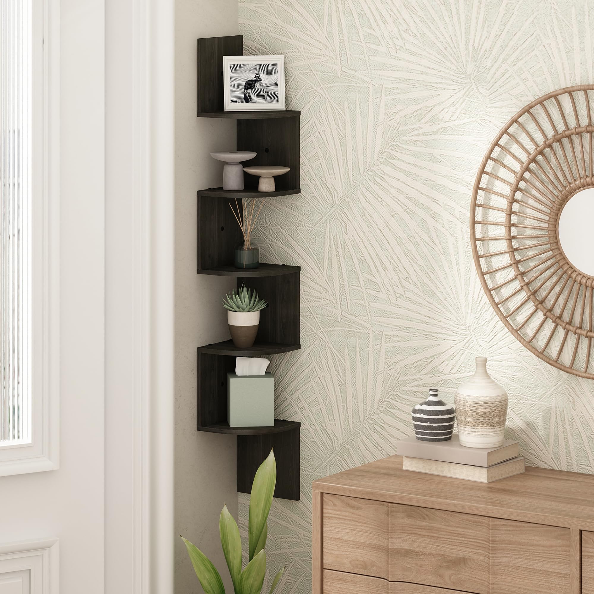 Furinno Rossi Estante Flotante De Esquina En Zigzag De 5 Niveles para Pared con Estantes Radiales, para Oficina En Casa, Sala De Estar, Dormitorio Y Baño, Color Espresso
