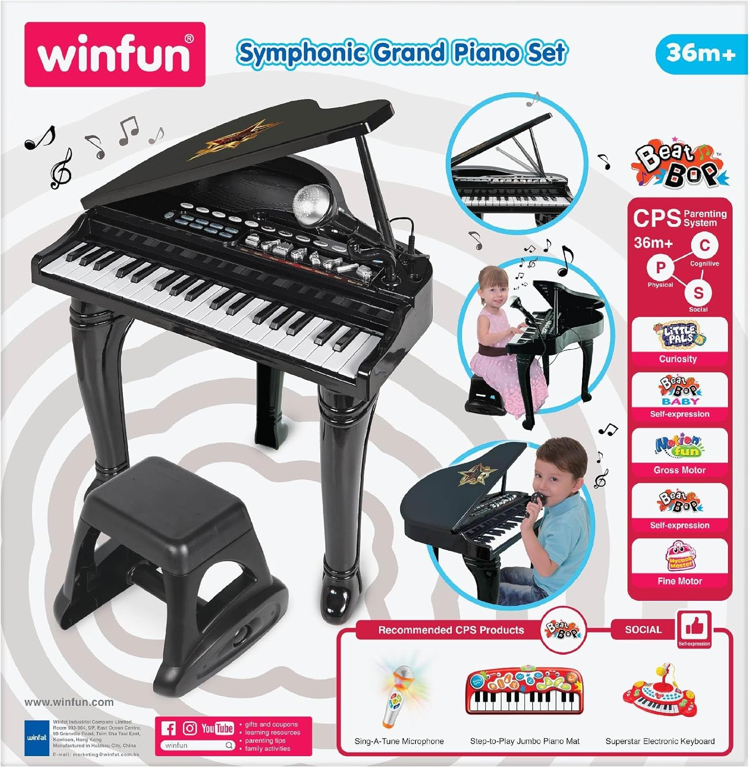 Winfun Symphonic Grand Piano Set for Kids 3+ Years 37 Keys 15 Demo Songs 8 Instruments & Rhythms Record & Playback Detachable Microphone Concert Stool Educational Music Toy